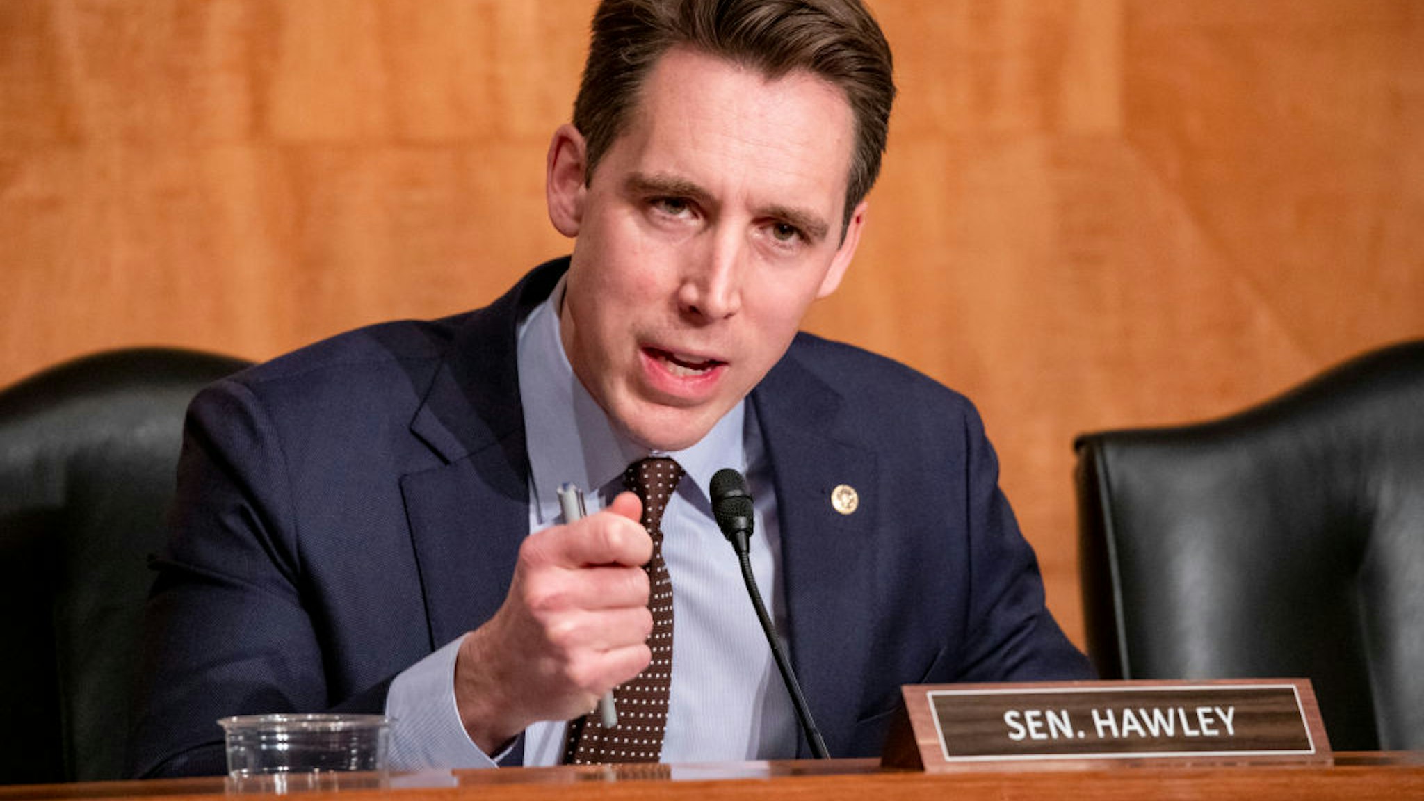Sen. Josh Hawley (R-MO) questions Department of Justice Inspector General Michael Horowitz during a Senate Committee On Homeland Security And Governmental Affairs hearing at the US Capitol on December 18, 2019 in Washington, DC.