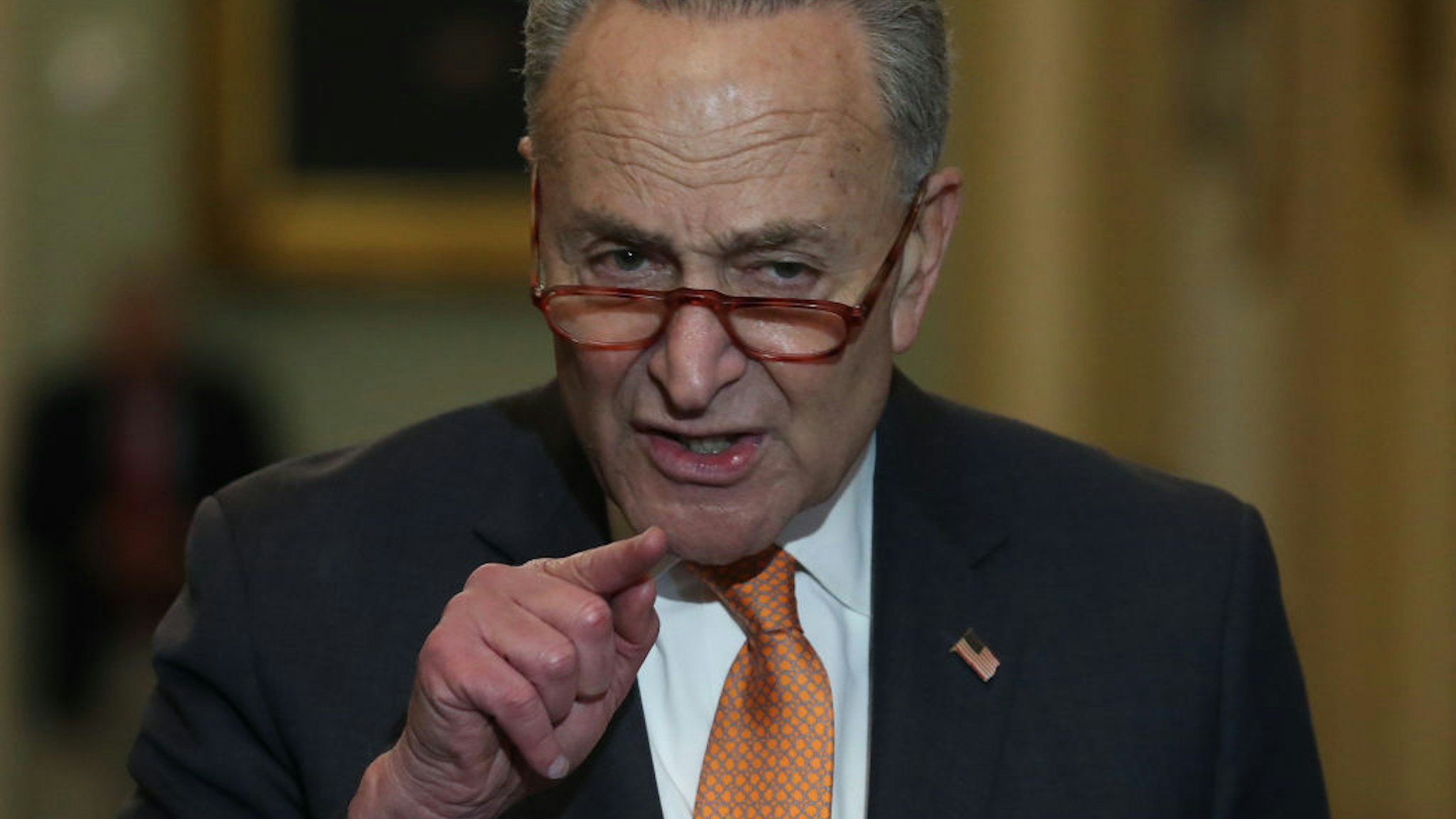 Senate Minority Leader Charles Schumer (D-NY) speaks to the media after attending the Senate Democrats policy luncheon on Capitol Hill, on December 17, 2019