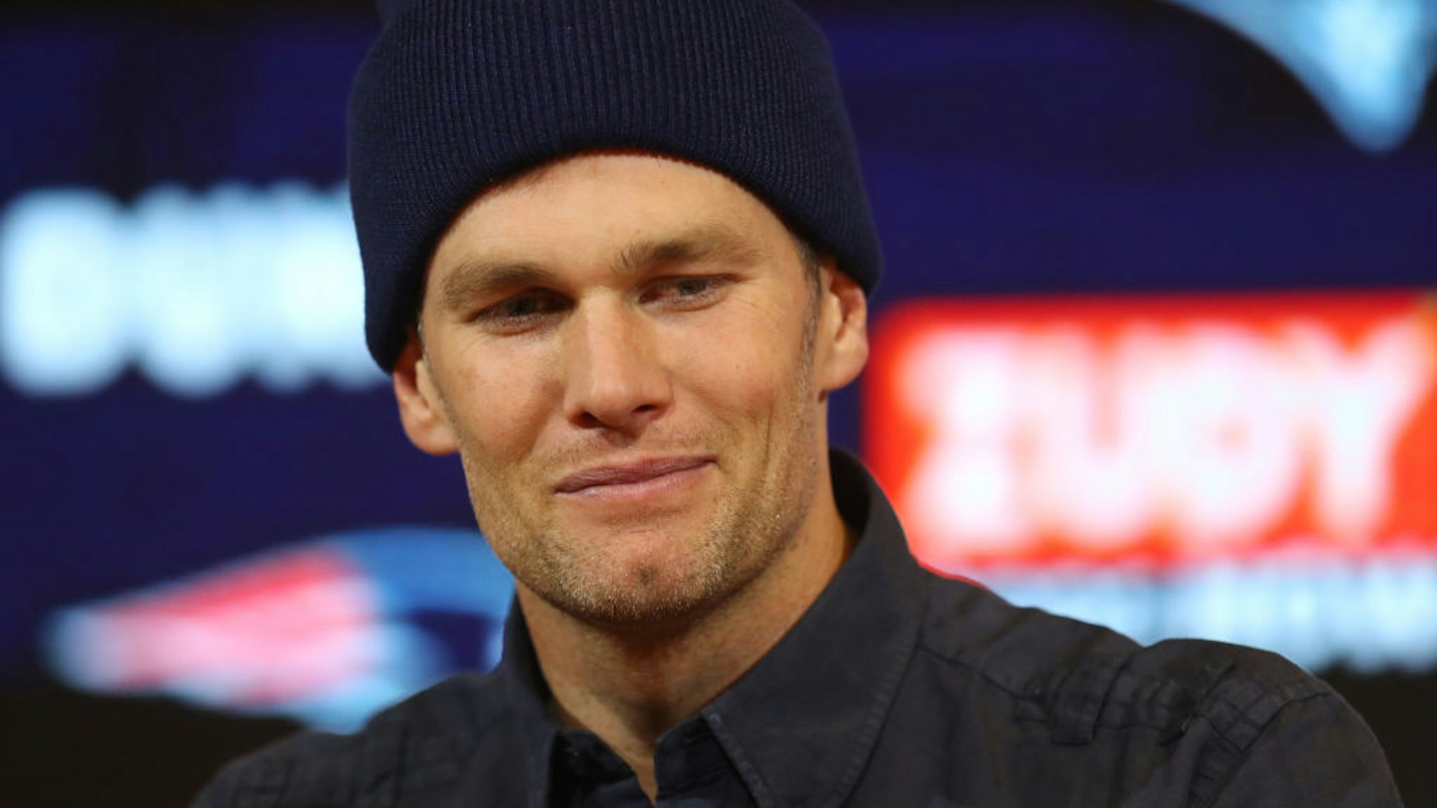 Tom Brady #12 of the New England Patriots talks with the media during a press conference after the AFC Wild Card Playoff game against the Tennessee Titans at Gillette Stadium on January 04, 2020 in Foxborough, Massachusetts