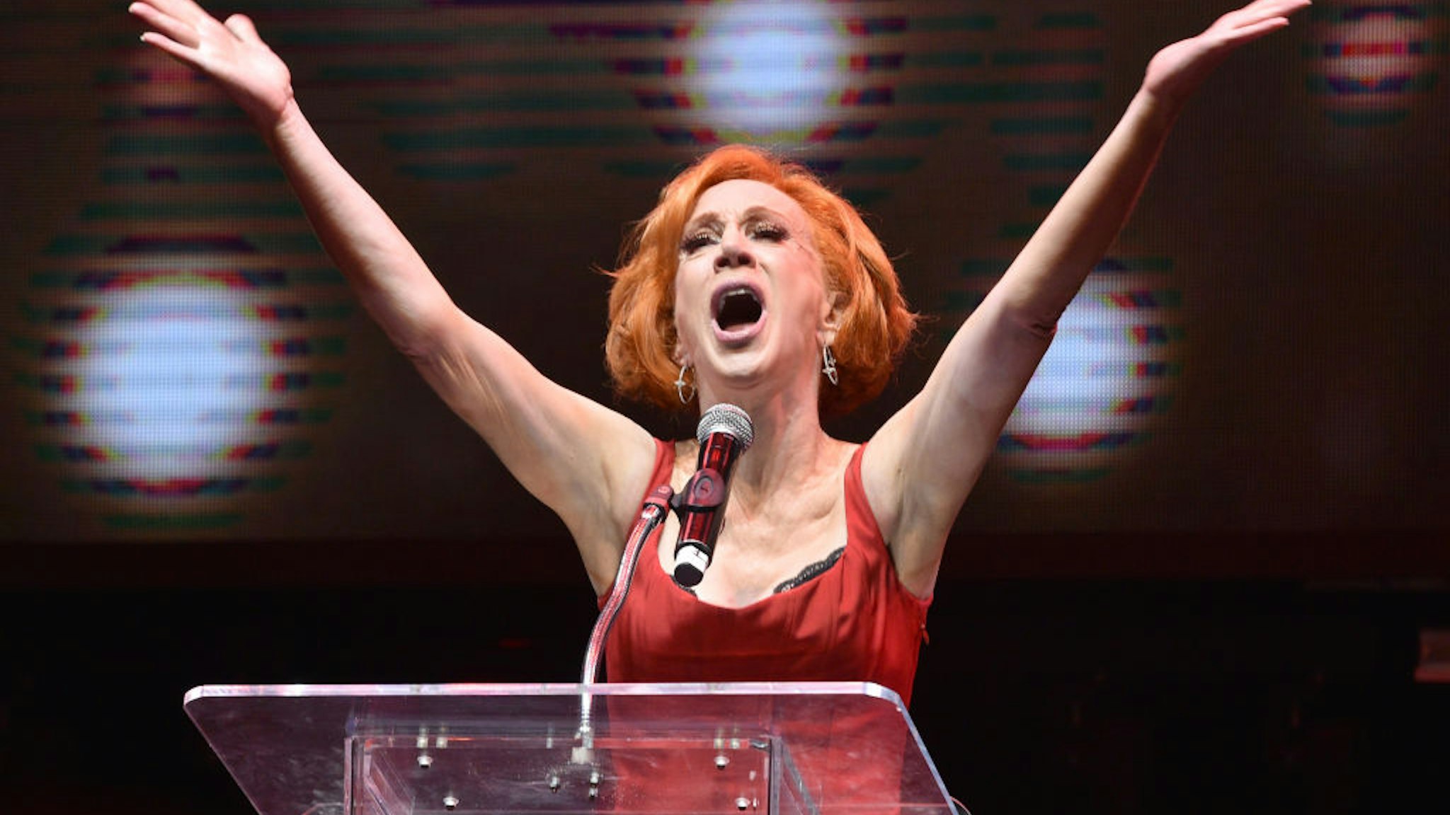 Kathy Griffin speaks onstage at Gay Porn's Biggest Night - Str8UpGayPorn Awards, Hosted By Kathy Griffin at Avalon Theater on January 12, 2020 in Los Angeles, California.