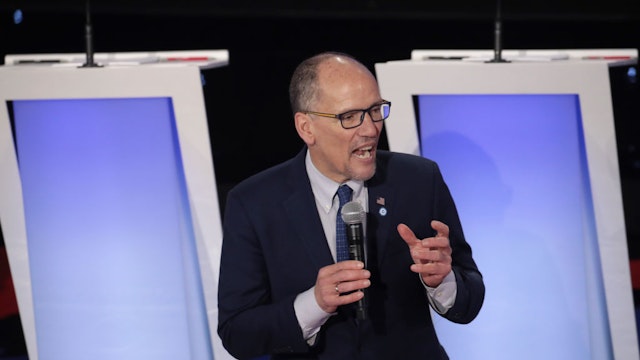 Democratic National Committee chairman Tom Perez speaks to the audience ahead of the Democratic presidential primary debate at Drake University on January 14, 2020 in Des Moines, Iowa.