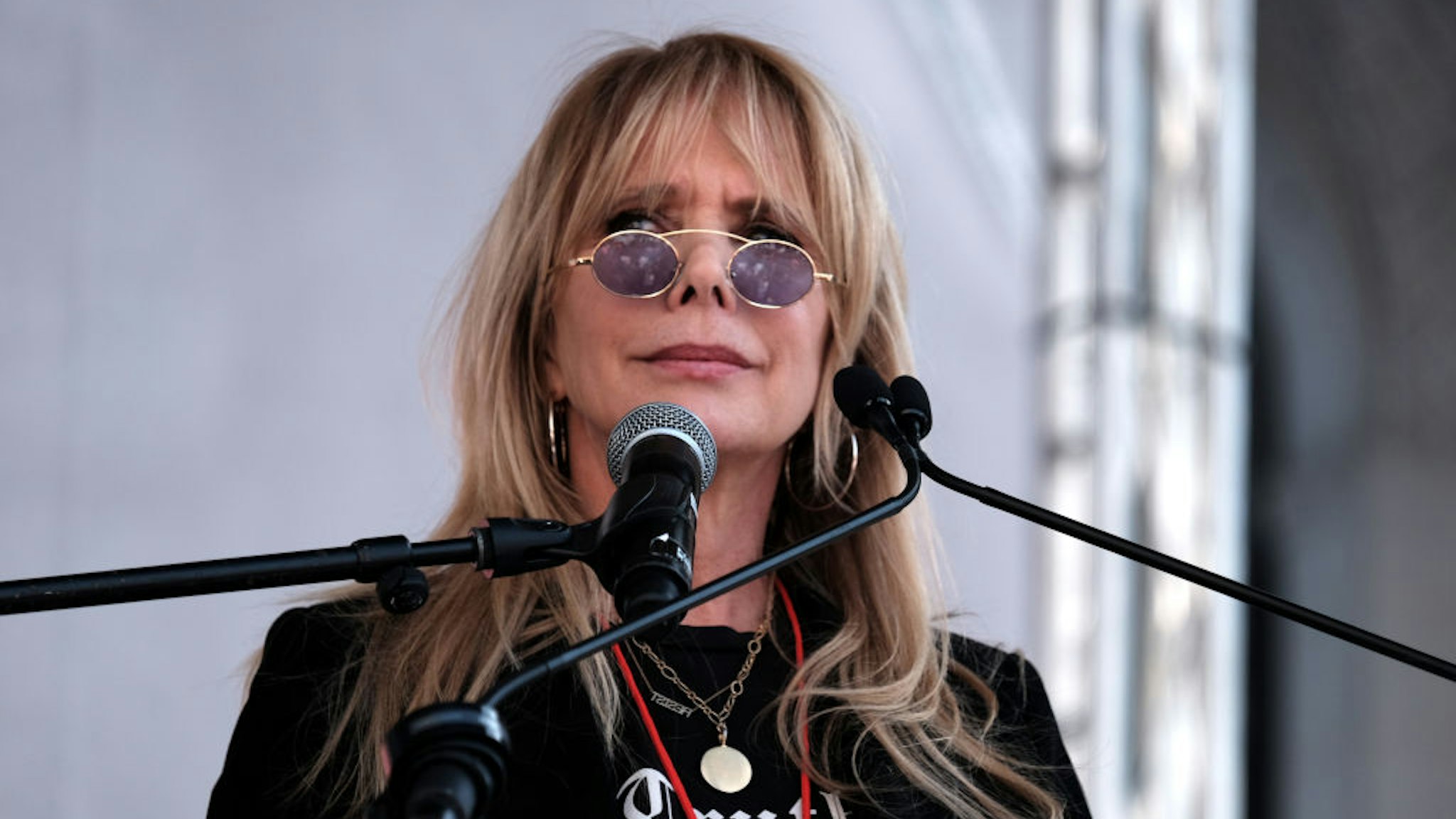 Actress Rosanna Arquette speaks at the 4th Annual Women's March LA: Women Rising at Pershing Square on January 18, 2020 in Los Angeles, California.
