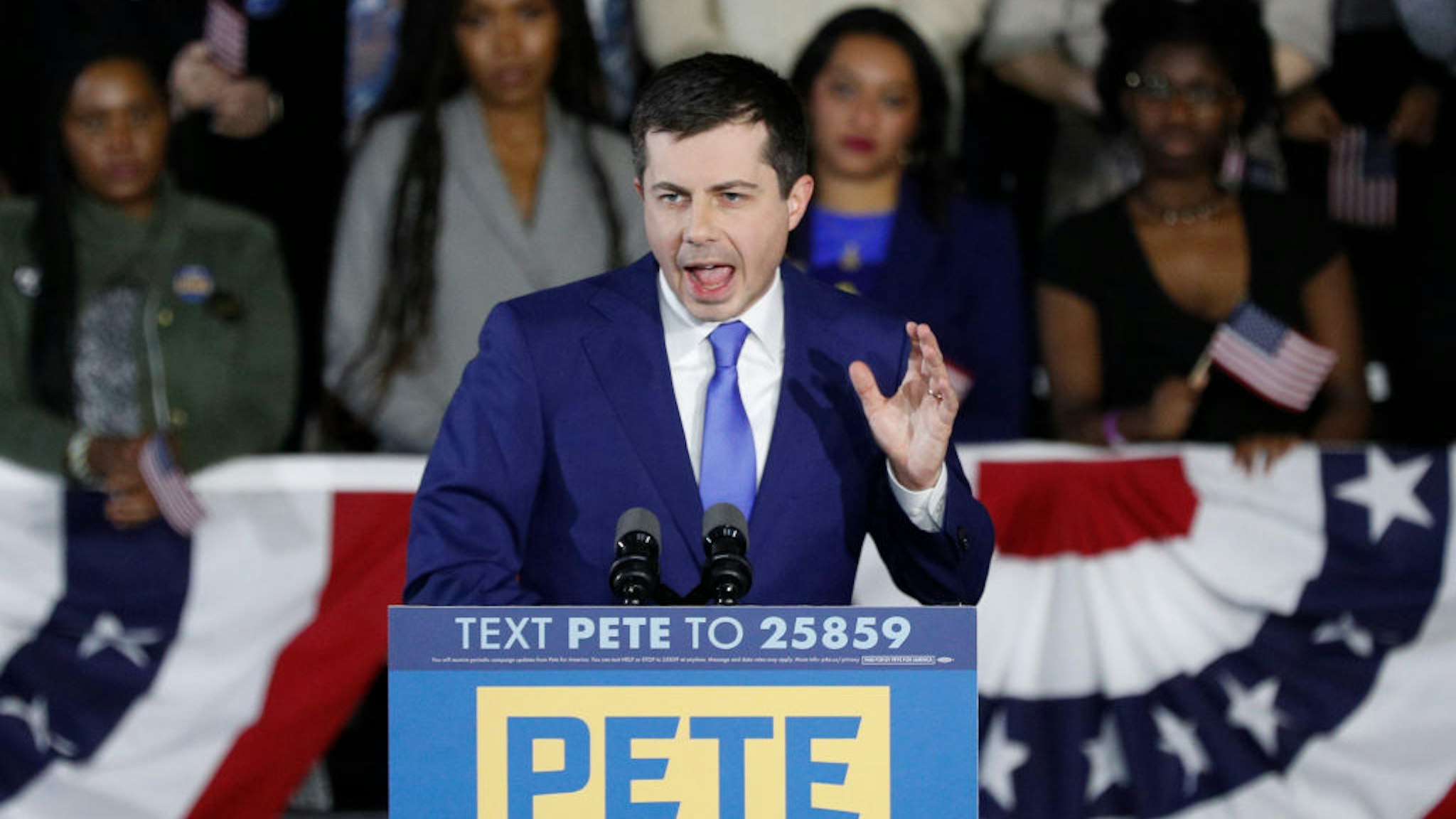 Democratic presidential candidate former South Bend, Indiana Mayor Pete Buttigieg addresses supporters during his caucus night watch party on February 03, 2020 in Des Moines, Iowa.