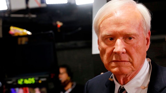 Chris Matthews, host of MSNBC's political show "Hardball" prepares for interviews in the spin room after the Democratic Presidential Debate at the Fox Theatre on July 31, 2019 in Detroit, Michigan.
