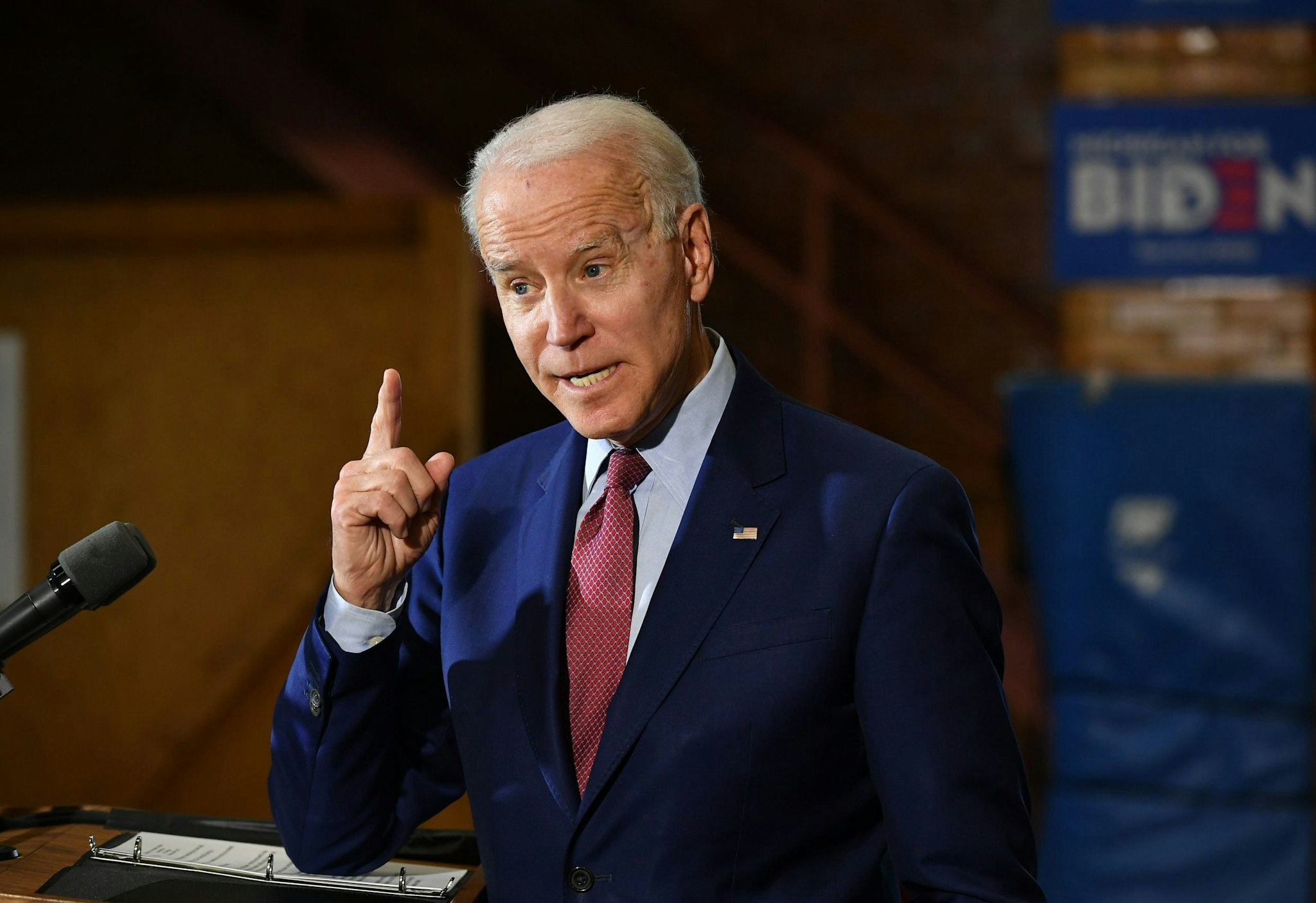 Democratic presidential candidate Joe Biden speaks to supporters during a campaign stop at Berston Field House in Flint, Michigan on March 9, 2020. (Photo by MANDEL NGAN / AFP) (Photo by MANDEL NGAN/AFP via Getty Images)