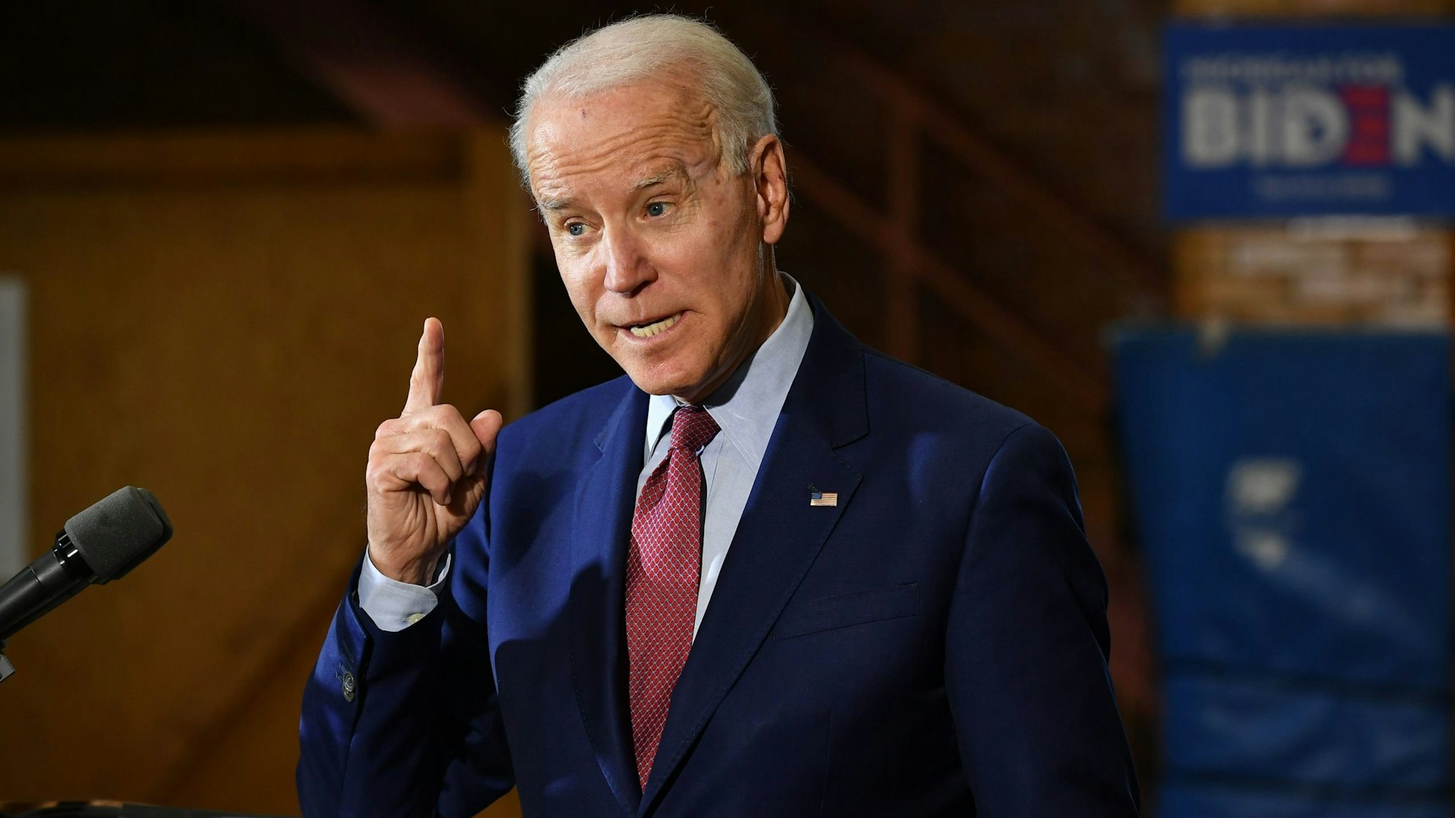 Democratic presidential candidate Joe Biden speaks to supporters during a campaign stop at Berston Field House in Flint, Michigan on March 9, 2020. (Photo by MANDEL NGAN / AFP) (Photo by MANDEL NGAN/AFP via Getty Images)