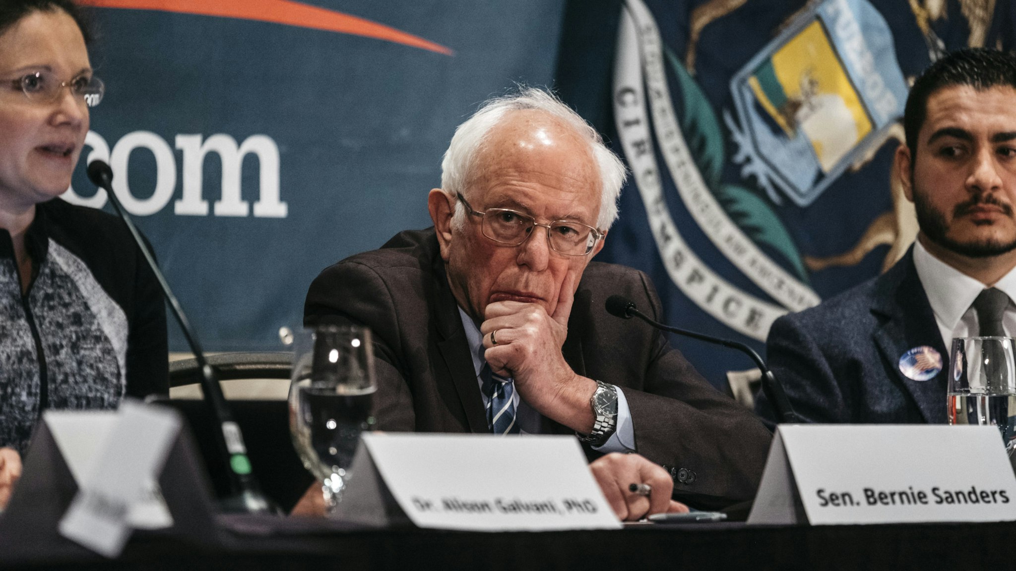 Senator Bernie Sanders, an Independent from Vermont and 2020 presidential candidate, listens during a coronavirus public health roundtable in Romulus, Michigan, U.S., on Monday, March 9, 2020. Sanders said any eventual vaccine for the deadly novel coronavirus should be made available free of charge once developed and approved for use. Photographer: Erin Kirkland/Bloomberg via Getty Images