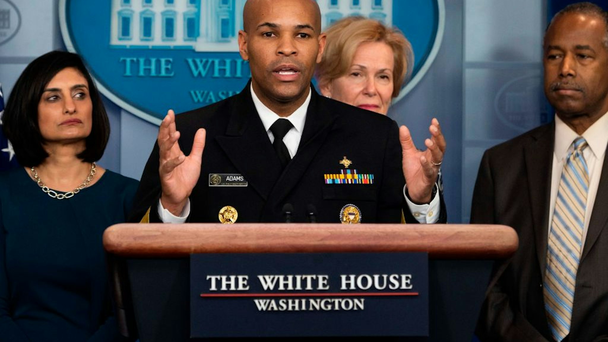 Jerome Adams speaks during a press briefing about the Coronavirus (COVID-19) in the Brady Press Briefing Room at the White House in Washington, DC, March 14, 2020.