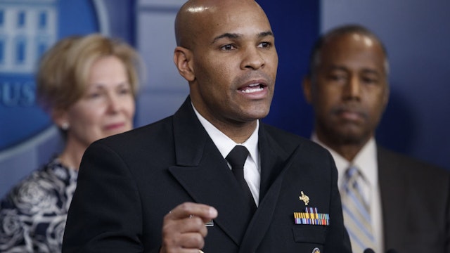 Vice Admiral Jerome Adams, U.S. Surgeon General, speaks during a news conference in the briefing room of the White House in Washington, D.C., U.S., on Saturday, March 14, 2020.