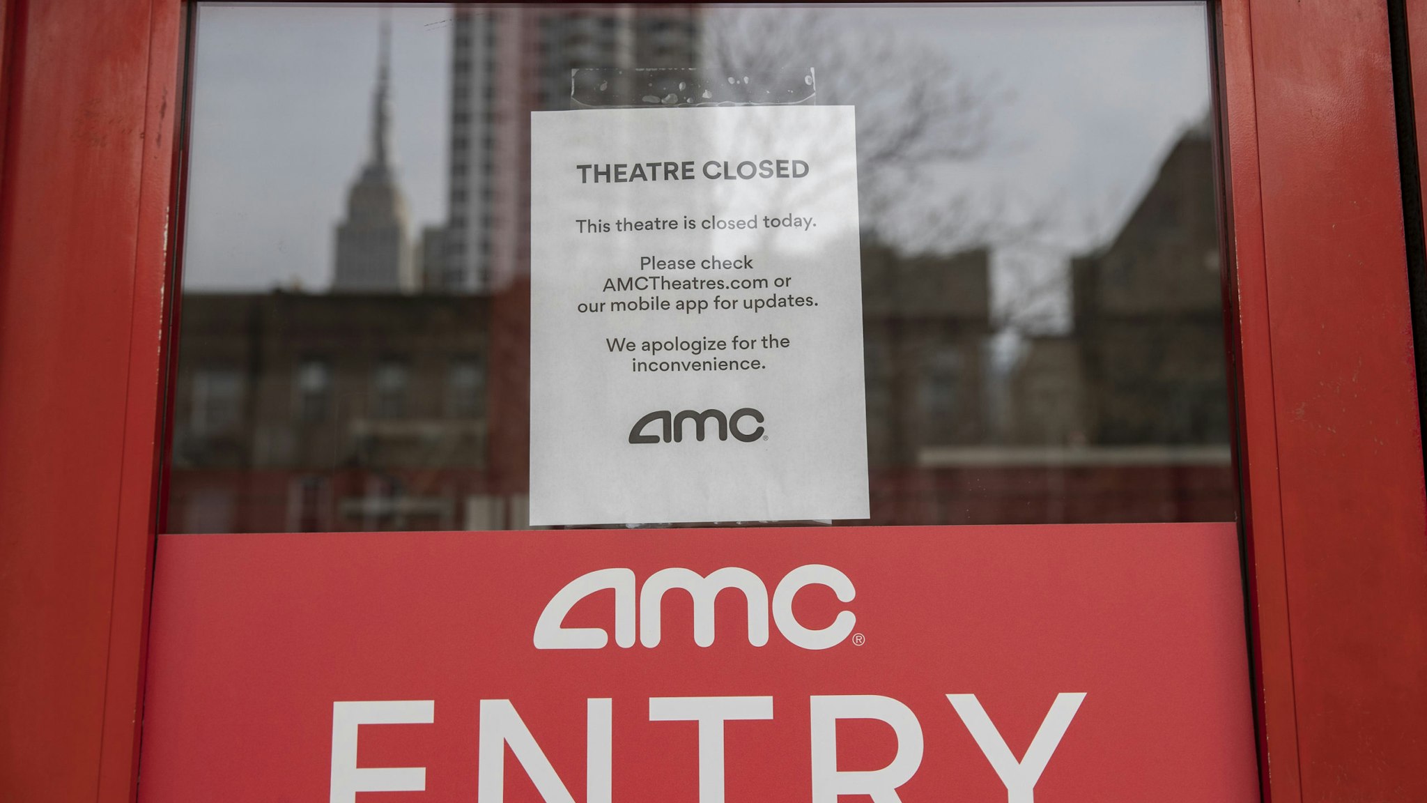 NEW YORK, NY - MARCH, 17: An AMC theater remains closed on March 17, 2020 in New York City. Schools, businesses and most places where people congregate across the country have been shut down as health officials try to slow the spread of COVID-19. (Photo by Victor J. Blue/Getty Images)