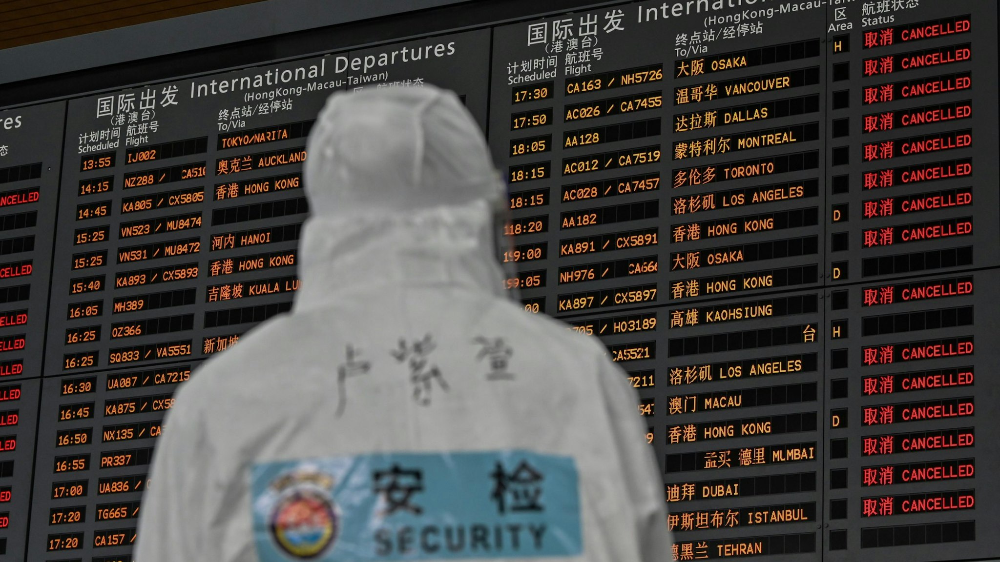 TOPSHOT - An airport security worker wearing protective gear, amid concerns of the COVID-19 coronavirus, looks at a screen showing international departures at Shanghai Pudong International Airport in Shanghai in March 19, 2020. - China on March 19 reported no new domestic cases of the coronavirus for the first time since it started recording them in January, but recorded a spike in infections from abroad. (Photo by Hector RETAMAL / AFP) (Photo by HECTOR RETAMAL/AFP via Getty Images)