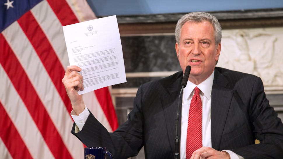 Bill de Blasio NEW YORK, NY - MARCH 19: Mayor Bill De Blasio speaks during a video press conference on the city's response to the coronavirus (COVID-19) outbreak held at City Hall on March 19, 2020 in New York City. Reporters participated via WebEx and the event was streamed live by local media. (Photo by William Farrington-Pool/Getty Images)