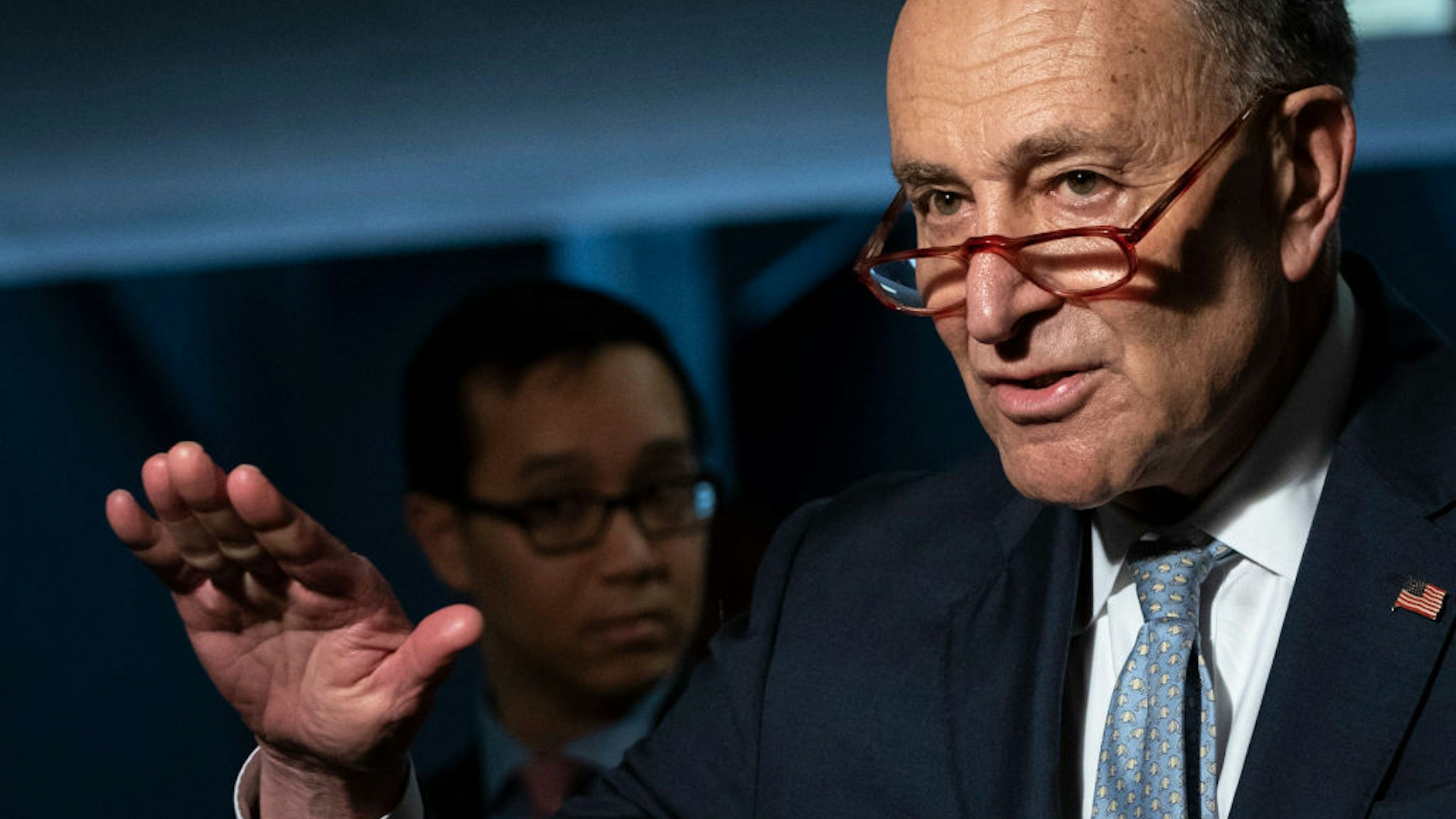 Senate Minority Leader Chuck Schumer (D-NY) speaks to reporters before a meeting with a select group of Senate Republicans, Senate Democrats, and Trump administration officials in the Hart Senate Office Building on Capitol Hill March 20, 2020 in Washington, DC.