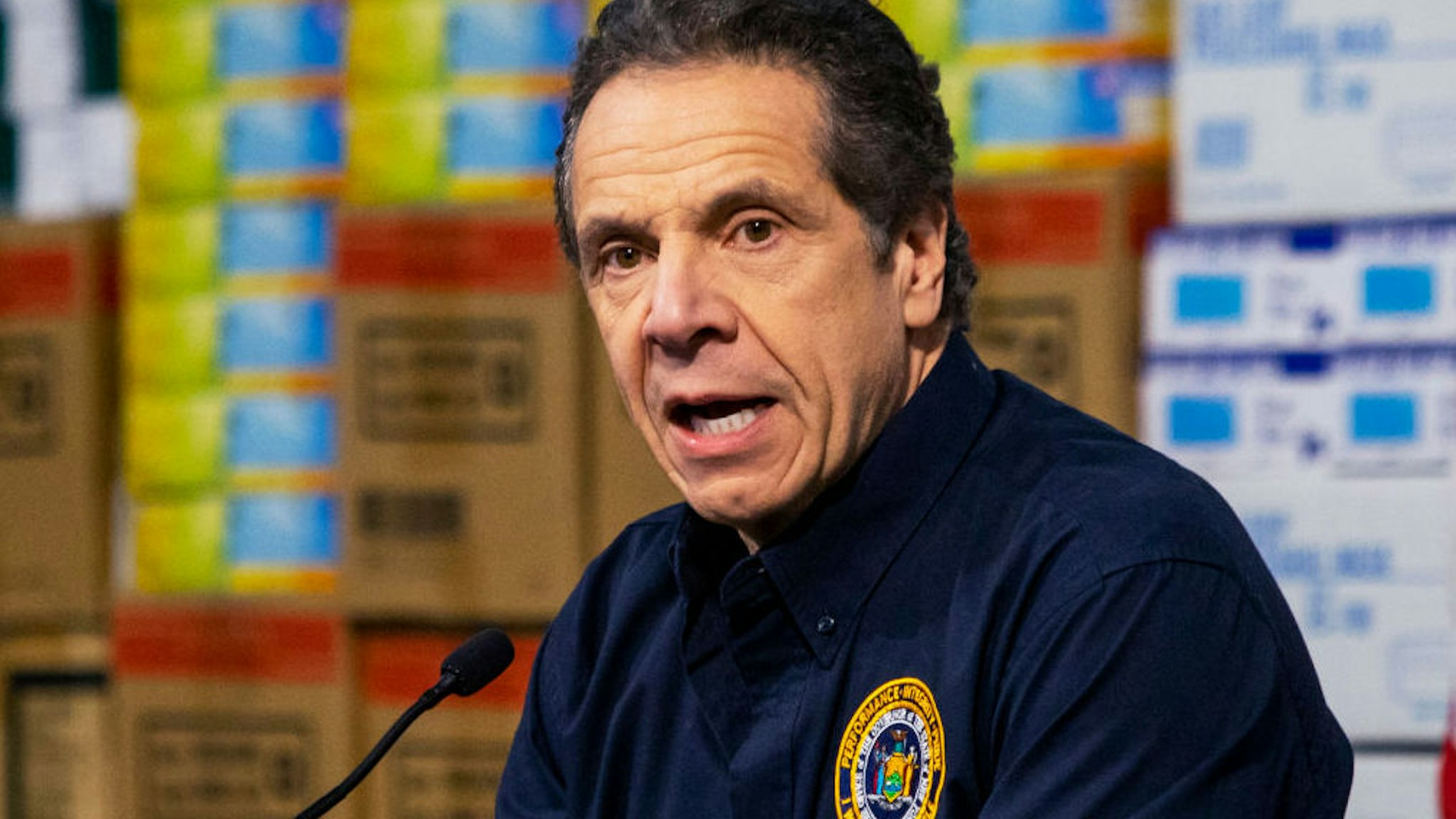 New York Governor Andrew Cuomo speaks to the media at the Javits Convention Center which is being turned into a hospital to help fight coronavirus cases on March 24, 2020 in New York City.