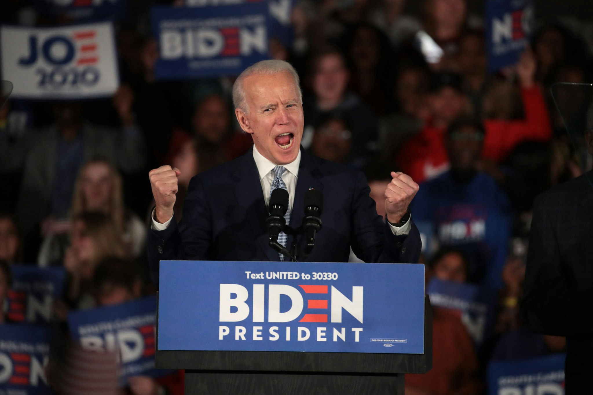 COLUMBIA, SOUTH CAROLINA - FEBRUARY 29: Democratic presidential candidate former Vice President Joe Biden celebrates with his supporters after declaring victory at an election-night rally at the University of South Carolina Volleyball Center on February 29, 2020 in Columbia, South Carolina. The next big contest for the Democratic candidates will be Super Tuesday on March 3, when 14 states and American Samoa go to the polls. (Photo by Scott Olson/Getty Images)