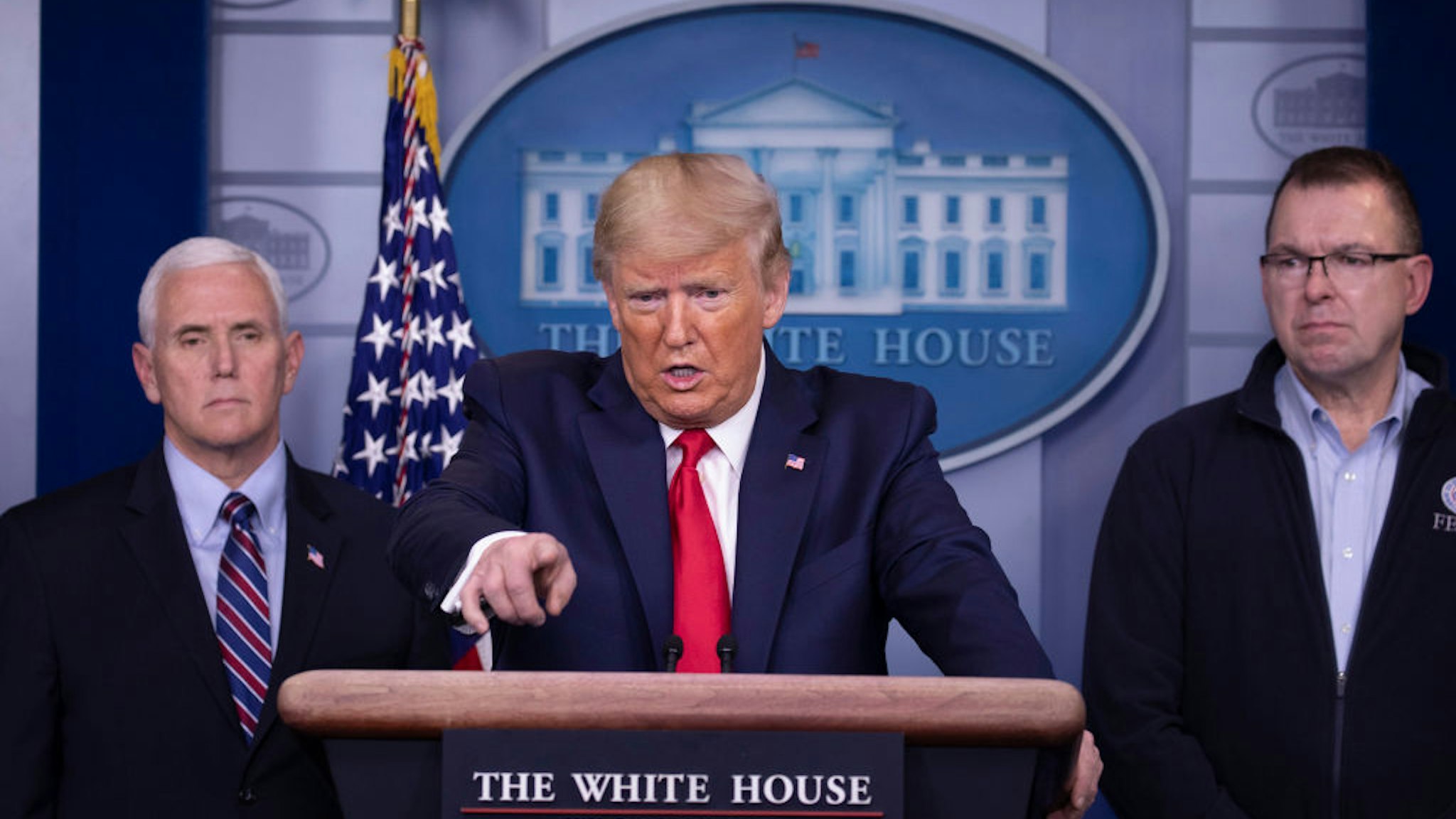 U.S. President Donald Trump speaks at the daily coronavirus briefing joined by Vice President Mike Pence and FEMA Administrator Peter Gaynor in the James Brady Press Briefing Room at the White House on March 22, 2020 in Washington, DC.