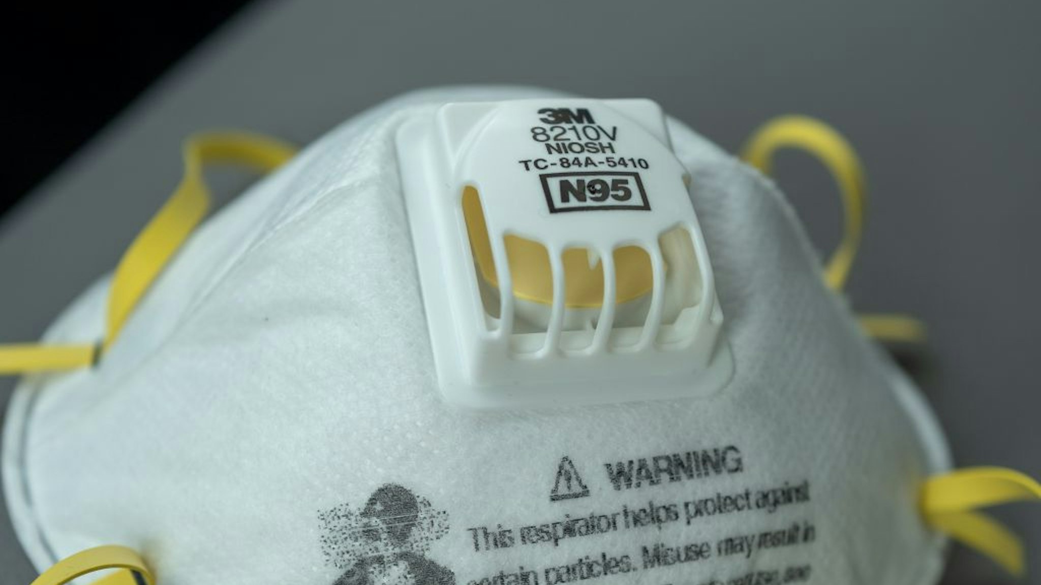 Close-up of N95 respirator mask during an outbreak of COVID-19 coronavirus, San Francisco, California, March 30, 2020.