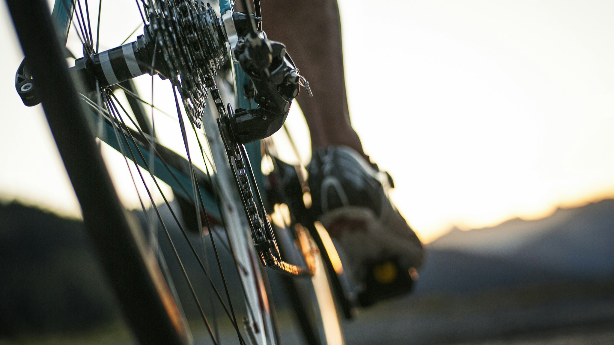 Closeup of a road cyclist riding towards sunset.