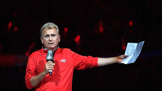 American television personality Pat Sajak makes the team introductions before Game Three of the 2018 NHL Stanley Cup Final between the Vegas Golden Knights and the Washington Capitals at Capital One Arena on June 2, 2018 in Washington, DC.