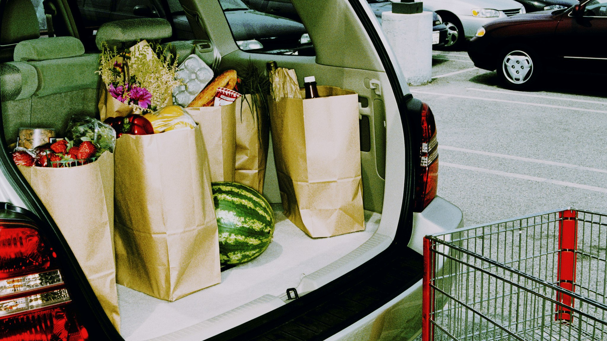 Groceries in back of car, parked in parking lot