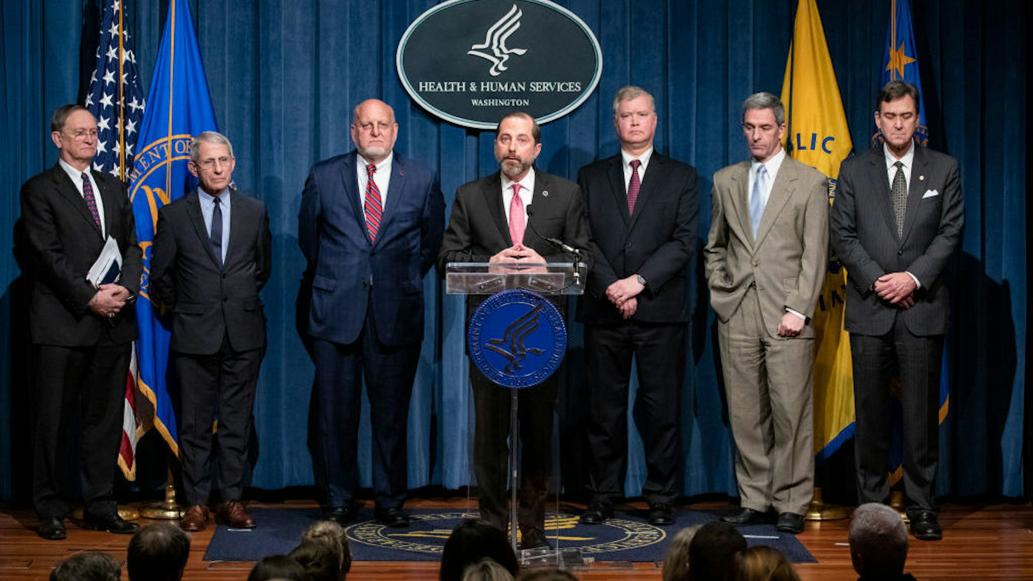 Health and Human Services Secretary Alex Azar speaks during a press conference on recent developments with the coronavirus with other members of President Trump's Coronavirus Task Force at the Health and Human Services headquarters on February 7, 2020 in Washington, DC. Li Wenliang, the 33-year-old ophthalmologist based in Wuhan who was detained by the Chinese Government after raising early warnings about the virus, died on Friday from the virus. Other task force members joining Secretary Azar on stage are (L-R) Assistant Secretary for Preparedness and Response Robert Kadlec, National Institute of Allergy and Infectious Diseases Director Dr. Anthony Fauci, Centers for Disease Control and Prevention Director Dr. Robert Redfield, State Department Deputy Secretary Stephen Biegun, Homeland Security Acting Deputy Secretary Ken Cuccinelli, and Department of Transportation Acting Under Secretary for Policy Joel Szabat.