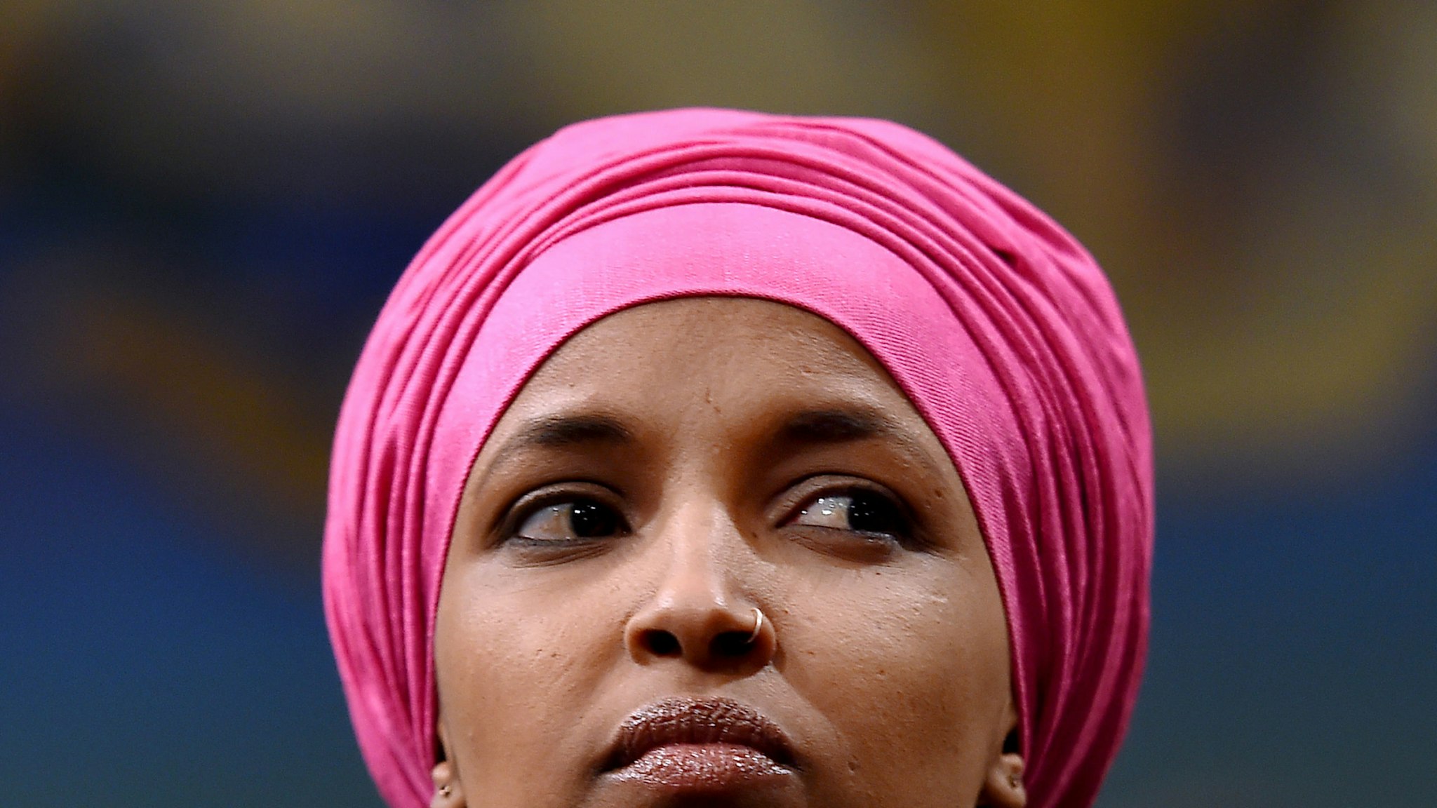 Representative Ilhan Omar (D-Minnesota) attends a press conference with a delegation of Brazilian Congresswomen to discuss human rights and climate justice on February 26, 2020 on Capitol Hill in Washington, DC.