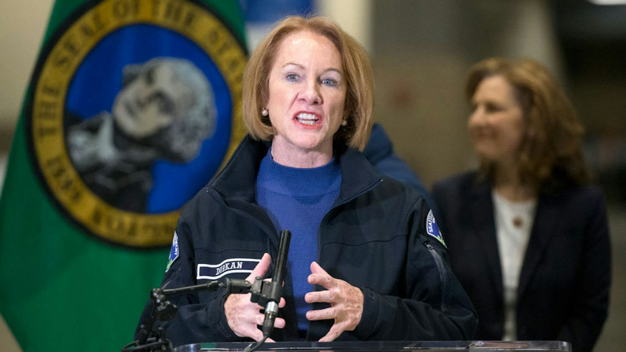 Seattle Mayor Jenny Durkan speaks at a press conference on March 28, 2020 in Seattle, Washington. The mayor and other leaders from Washington state discussed the deployment of a new field hospital at CenturyLink Field Event Center which is expected to create at least 150 hospital beds for non-COVID-19 cases and will include 300 soldiers from the 627th Army Hospital at Fort Carson, Colorado. (Photo by Karen Ducey/Getty Images)