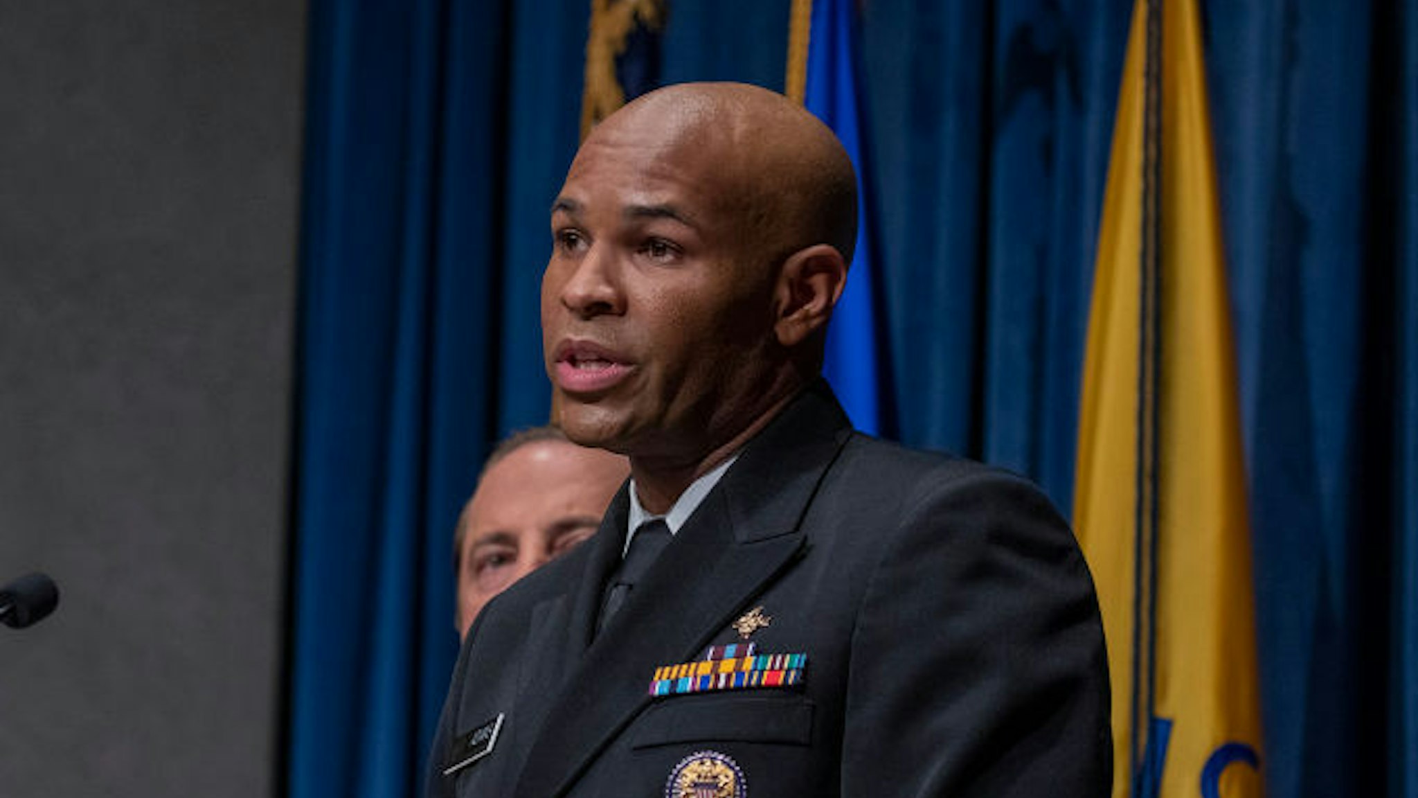WASHINGTON, DC - AUGUST 29: Surgeon General Jerome Adams speaks at press conference on August 29, 2019 in Washington, DC. Surgeon General issued an advisory Thursday warning against marijuana use by pregnant women and youths.
