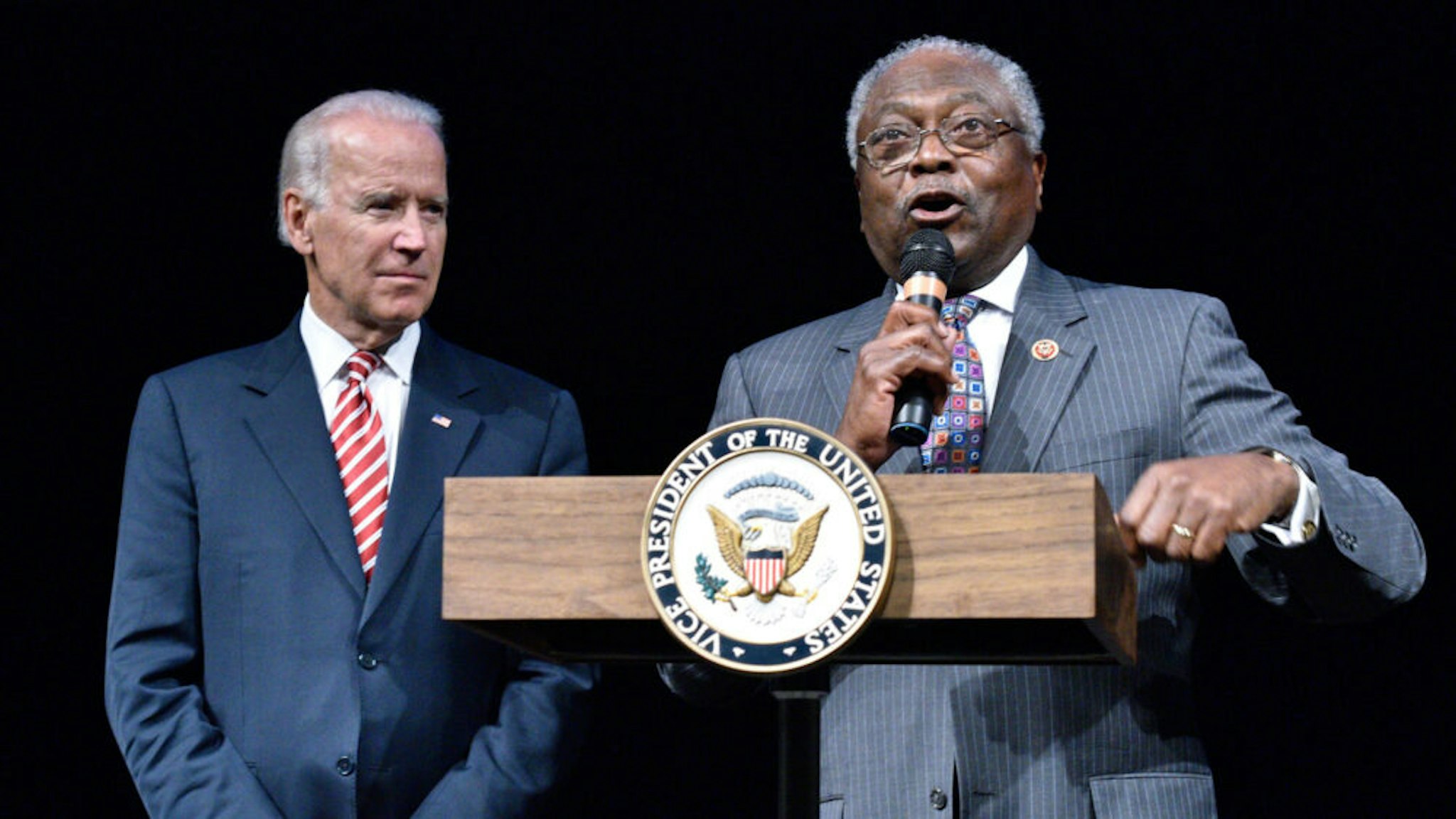 WASHINGTON, DC - SEPTEMBER 24: (L-R) Vice President Joe Biden is introduced by U.S. Representative James Clyburn at the CBC Spouses 17th Annual Celebration of Leadership in the Fine Arts at the Nuseum Museum on September 24, 2014 in Washington, DC.