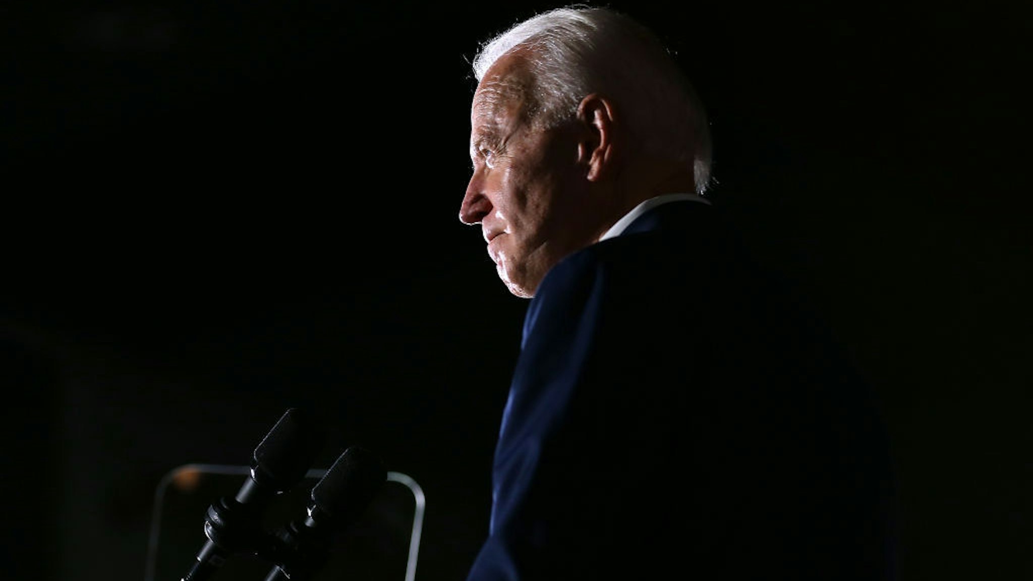 Democratic presidential candidate former Vice President Joe Biden reacts while giving a speech during a campaign event at Tougaloo College on March 08, 2020 in Tougaloo, Mississippi. Mississippi's Democratic primary will be held this Tuesday. (Photo by Jonathan Bachman/Getty Images)