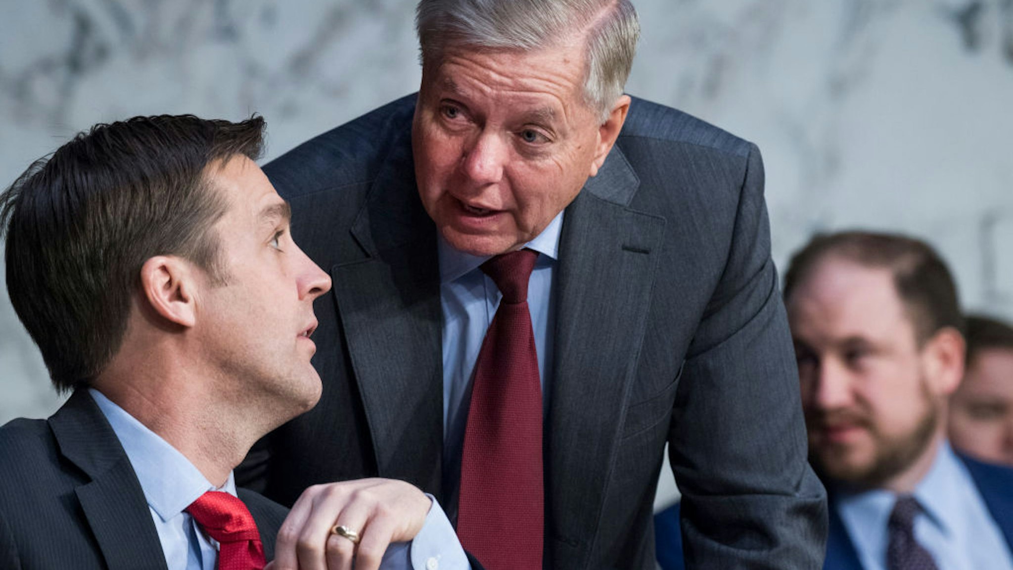 UNITED STATES - JANUARY 15: Chairman Lindsey Graham, R-S.C., right, and Sen. Ben Sasse, R-Neb., conduct a Senate Judiciary Committee confirmation hearing for William P. Barr, nominee for attorney general, in Hart Building on Tuesday, January 15, 2019.