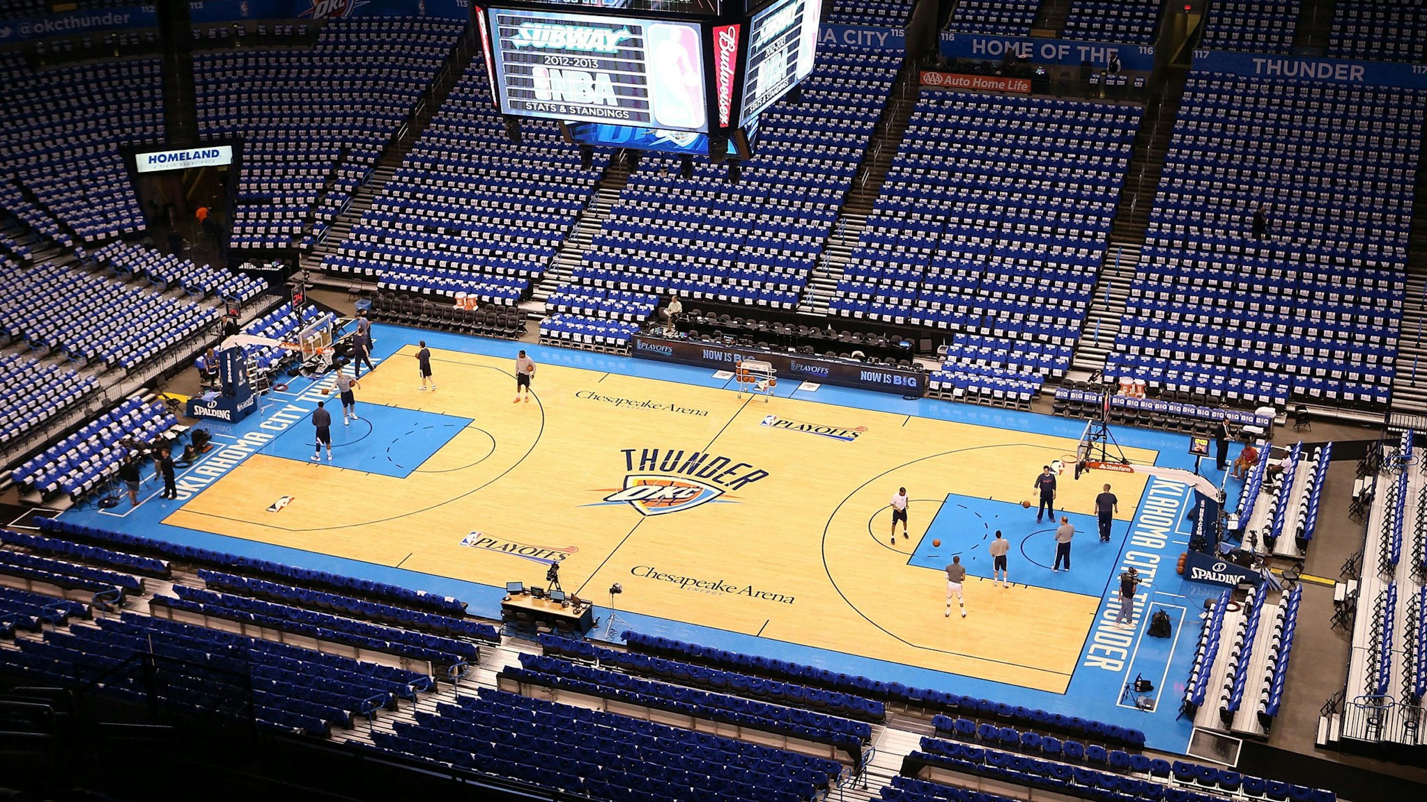 OKLAHOMA CITY, OK - APRIL 21: General view as players and coaches practice on the court before Game One of the Western Conference Quarterfinals of the 2013 NBA Playoffs between the Houston Rockets and the Oklahoma City Thunder at Chesapeake Energy Arena on April 21, 2013 in Oklahoma City, Oklahoma.