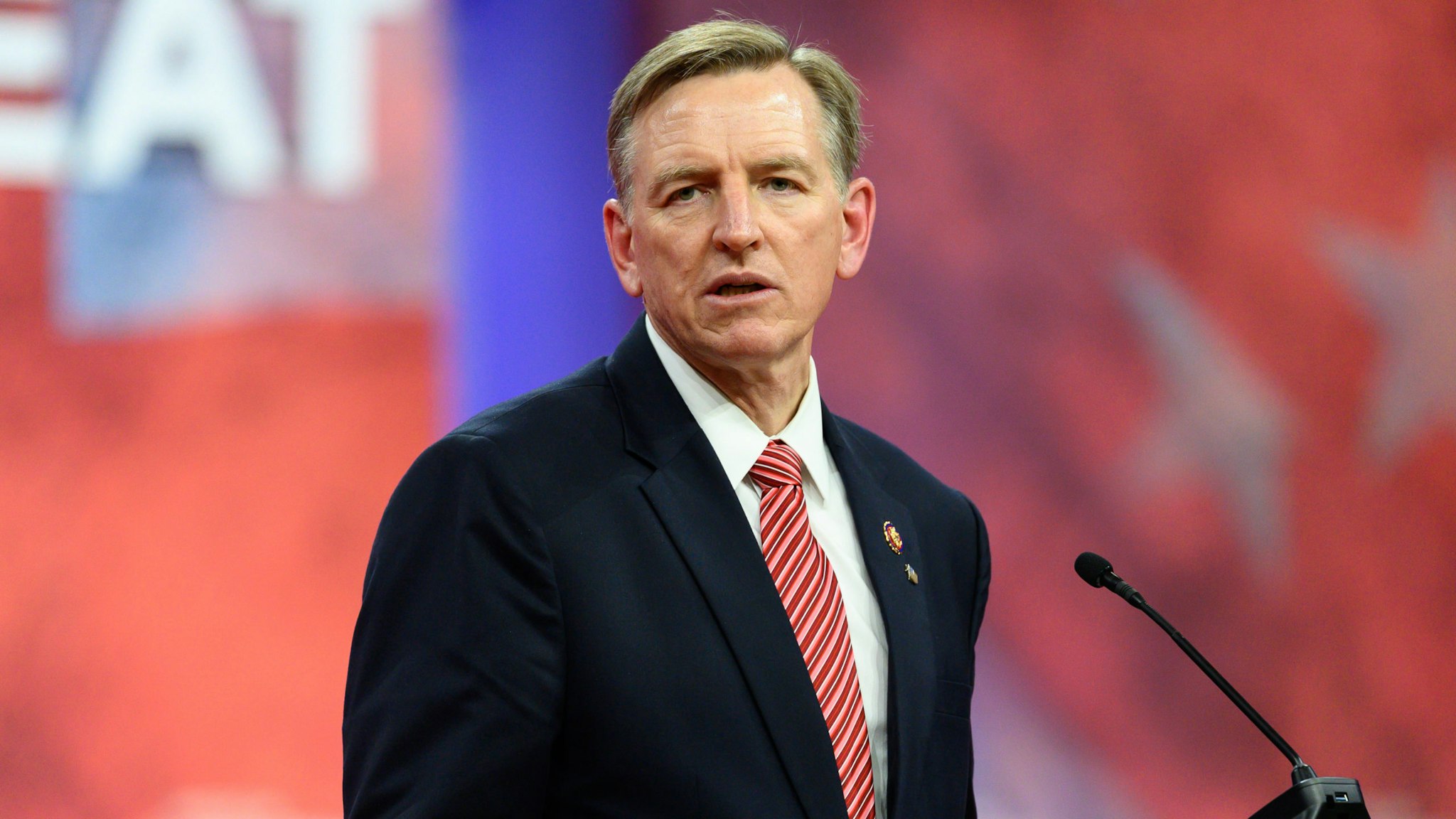 OXON HILL, MD, UNITED STATES - 2019/02/28: U.S. Representative Paul Gosar (R-AZ) seen speaking during the American Conservative Union's Conservative Political Action Conference (CPAC) at the Gaylord National Resort &amp; Convention Center in Oxon Hill, MD.
