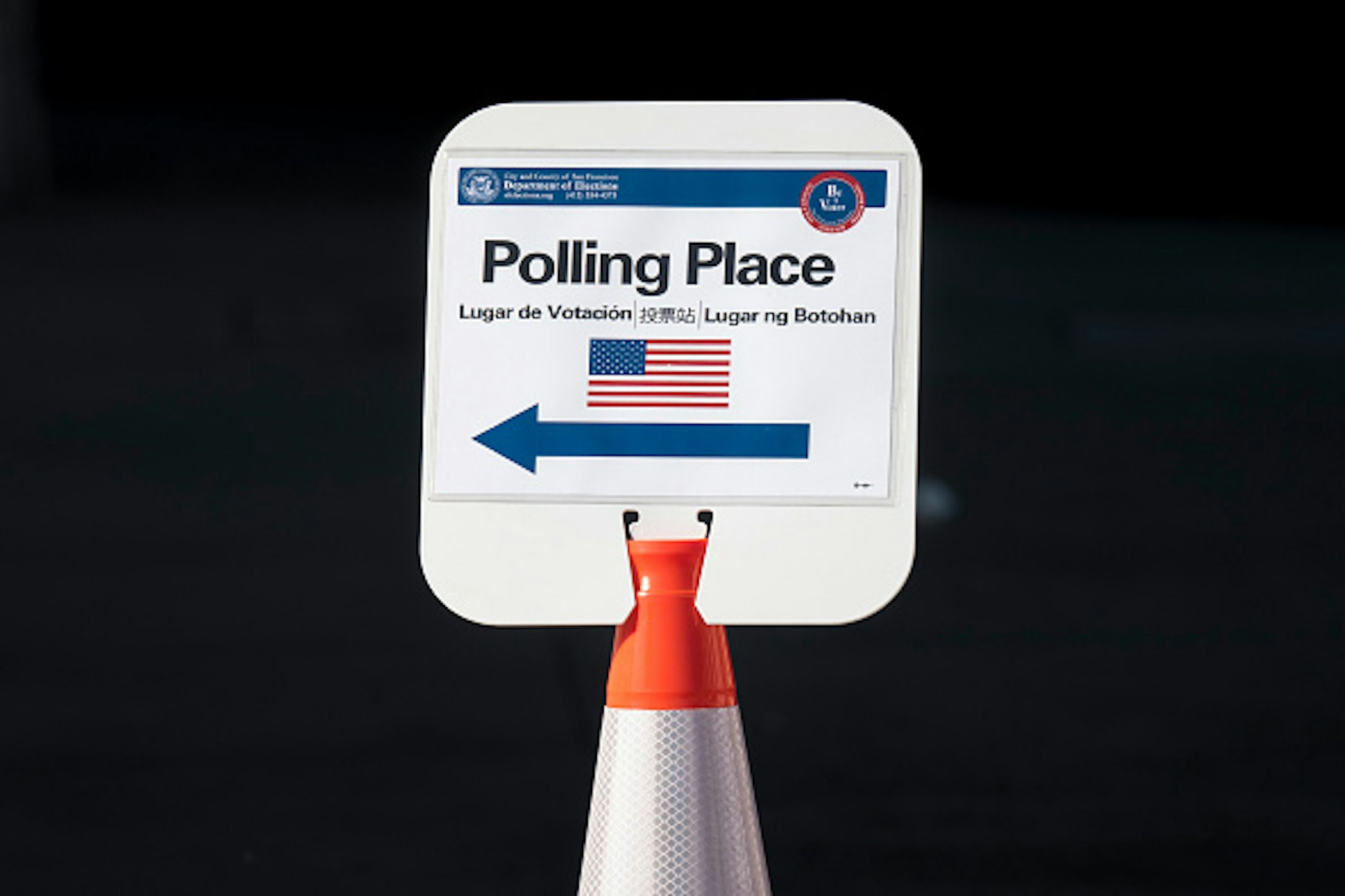 A sign stands outside a polling place in San Francisco, California, U.S., on Tuesday, March. 3, 2020. Today's primary contests, across 14 states, plus American Samoa, that will award more than a third of all delegates to the Democratic convention in July in Milwaukee, provide a key test for each of the remaining contenders. Photographer: David