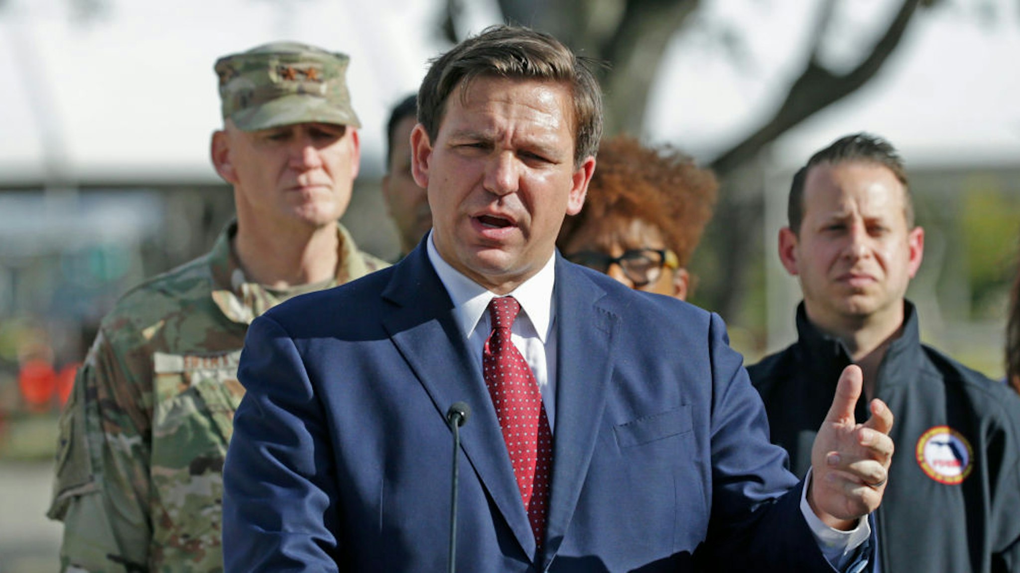 Florida Gov. Ron DeSantis talks to the media during press conference at the Broward County mobile testing at CB Smith Park in Pembroke Pines on Thursday, March 19, 2020. (David Santiago/Miami Herald/TNS)