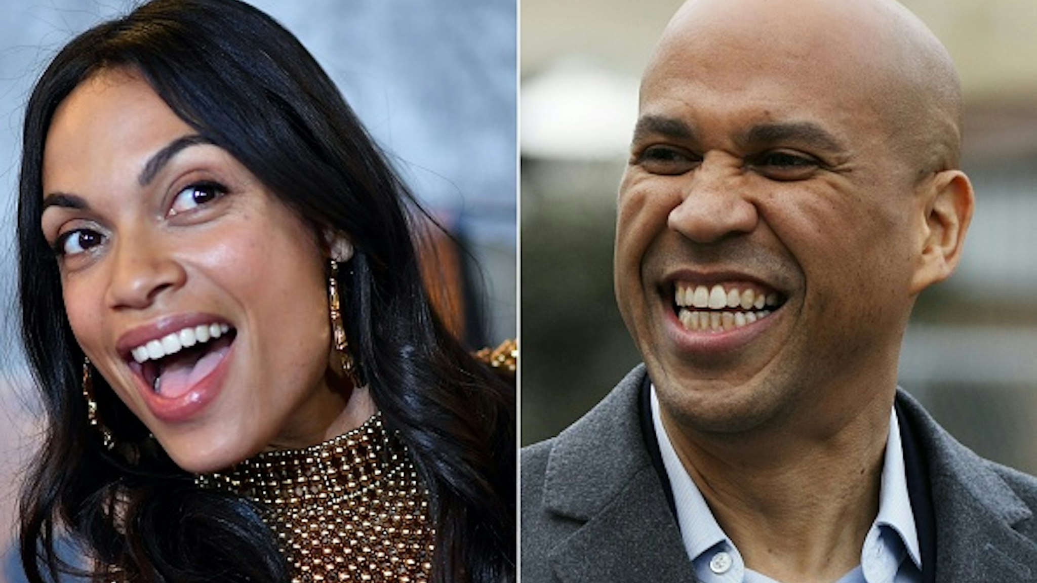 (COMBO) This combination of pictures created on March 14, 2019 shows US actress Rosario Dawson attending the Netflix Original Series Marvel's Luke Cage Season 2 New York City Premiere on June 21, 2018 in New York City, and US Senator Cory Booker (D-NJ) arrives for a press conference announcing his run for US president in 2020, on February 1, 2019, outside his home in Newark, New Jersey. - Senator Cory Booker, one of more than a dozen Democrats seeking the party's tip to run for president in 2020, is in a relationship with star Latina actress Rosario Dawson, Dawson confirmed on March 14, 2019. While Booker has long been intensely private about his relationships, Dawson confirmed it on camera to TMZ as she walked through Washington's national Airport.Were the rumors true? asked the TMZ reporter."Yes. Very much so," Dawson replied, adding: "So far so wonderful, he's a wonderful human being. It's good to spend some time together when we can."