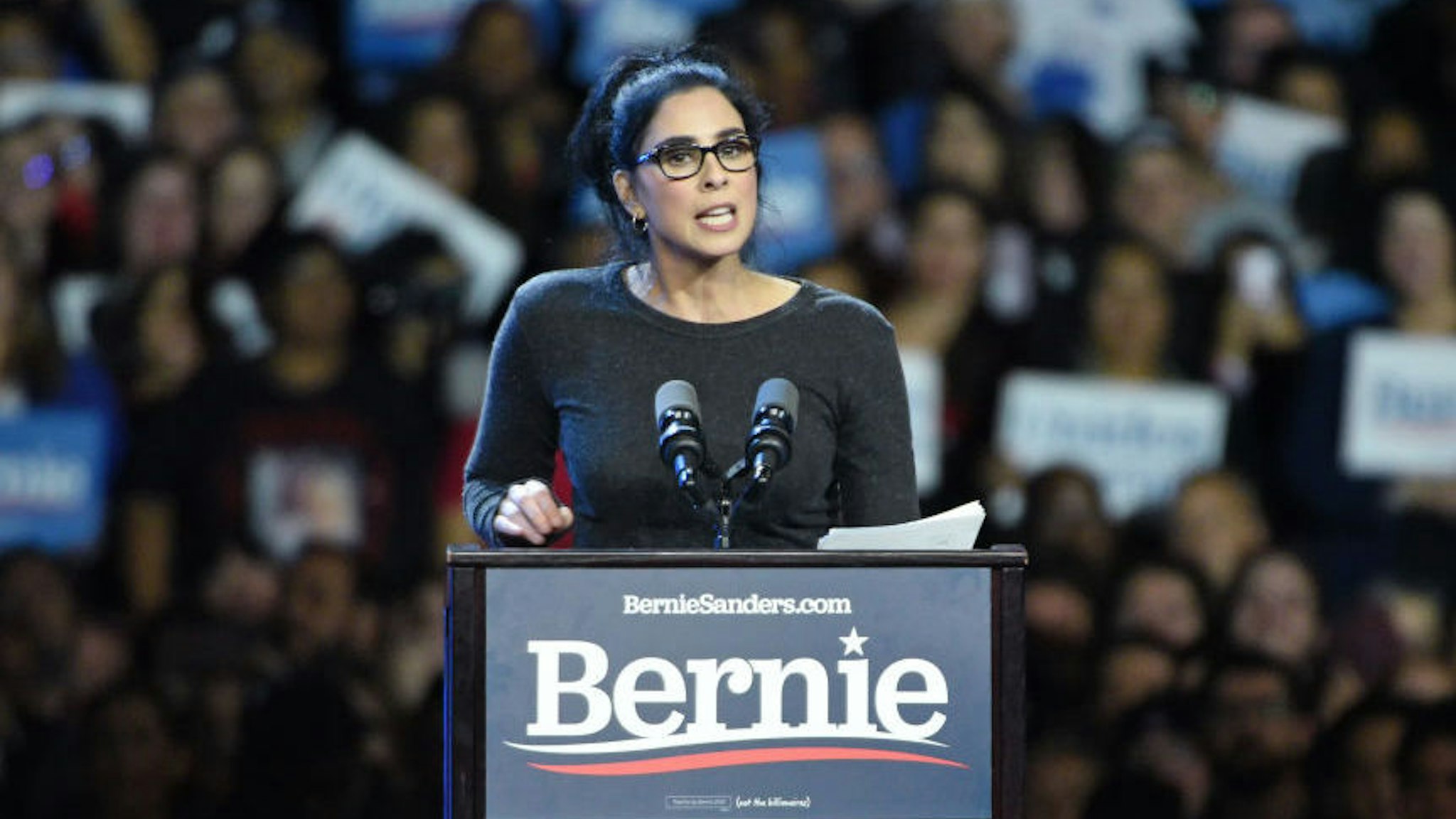 Actor Sarah Silverman speaks at a Bernie Sanders 2020 presidential campaign rally at Los Angeles Convention Center on March 01, 2020 in Los Angeles, California. (Photo by Michael Tullberg/Getty Images)
