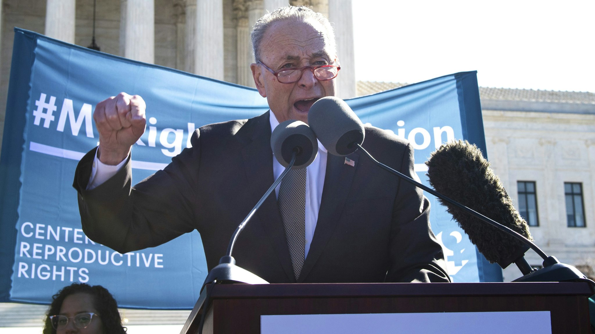 UNITED STATES - MARCH 4: Senate Minority Leader Chuck Schumer, D-N.Y., speaks at an abortion rights rally during a demonstration outside the Supreme Court in Washington on March 4, 2020, as the Court hears oral arguments regarding a Louisiana law about abortion access on Wednesday, March 4, 2020.