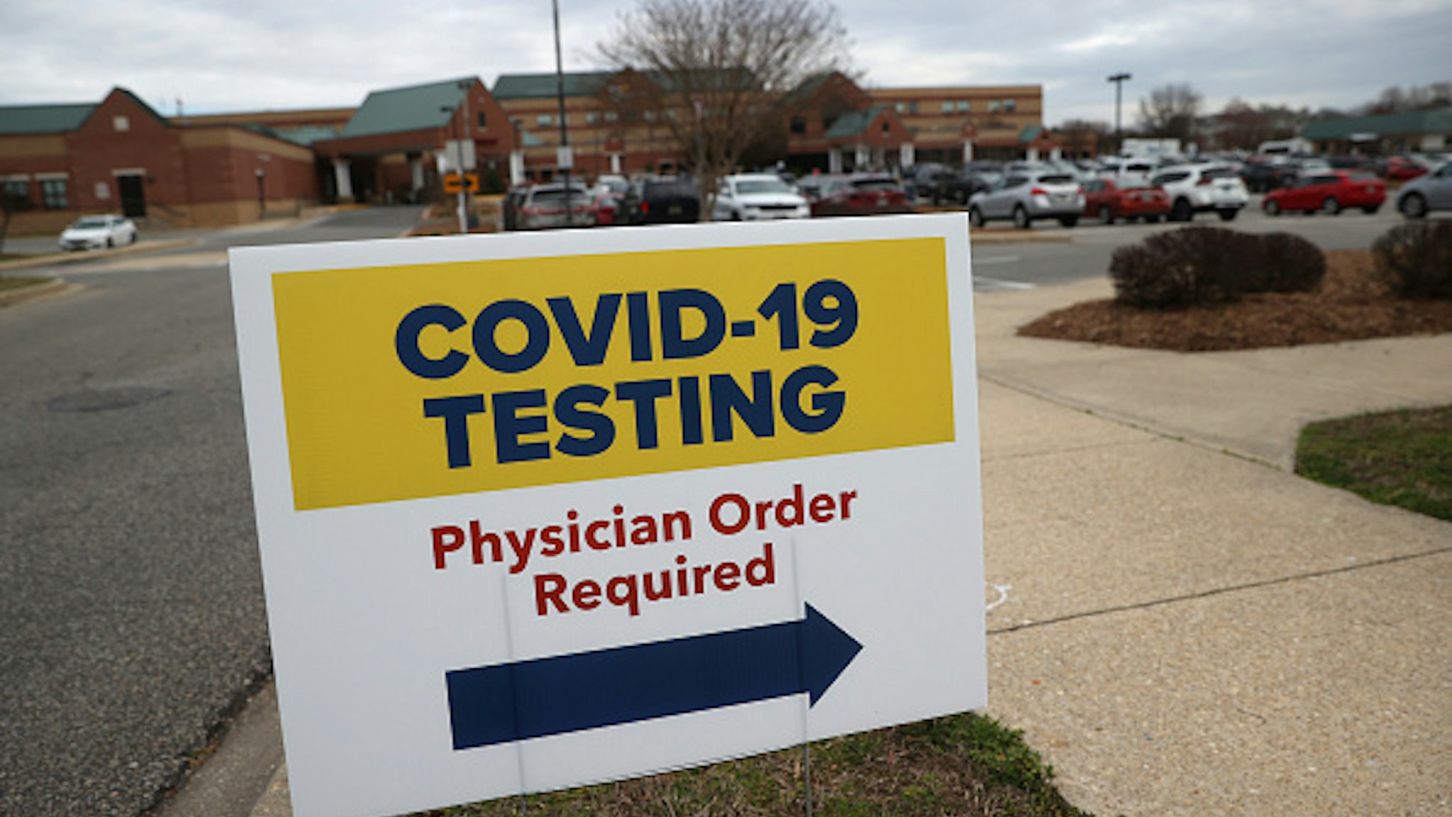 LEONARDTOWN, MARYLAND - MARCH 17: Signs directing patients to a COVID-19 virus testing drive-up location are shown outside Medstar St. Mary's Hospital on March 17, 2020 in Leonardtown, Maryland. The facility is one of the first in the Washington, DC area to offer coronavirus testing as more than 5,200 cases have been confirmed in the United States, and more than 90 deaths have been attributed to the virus.