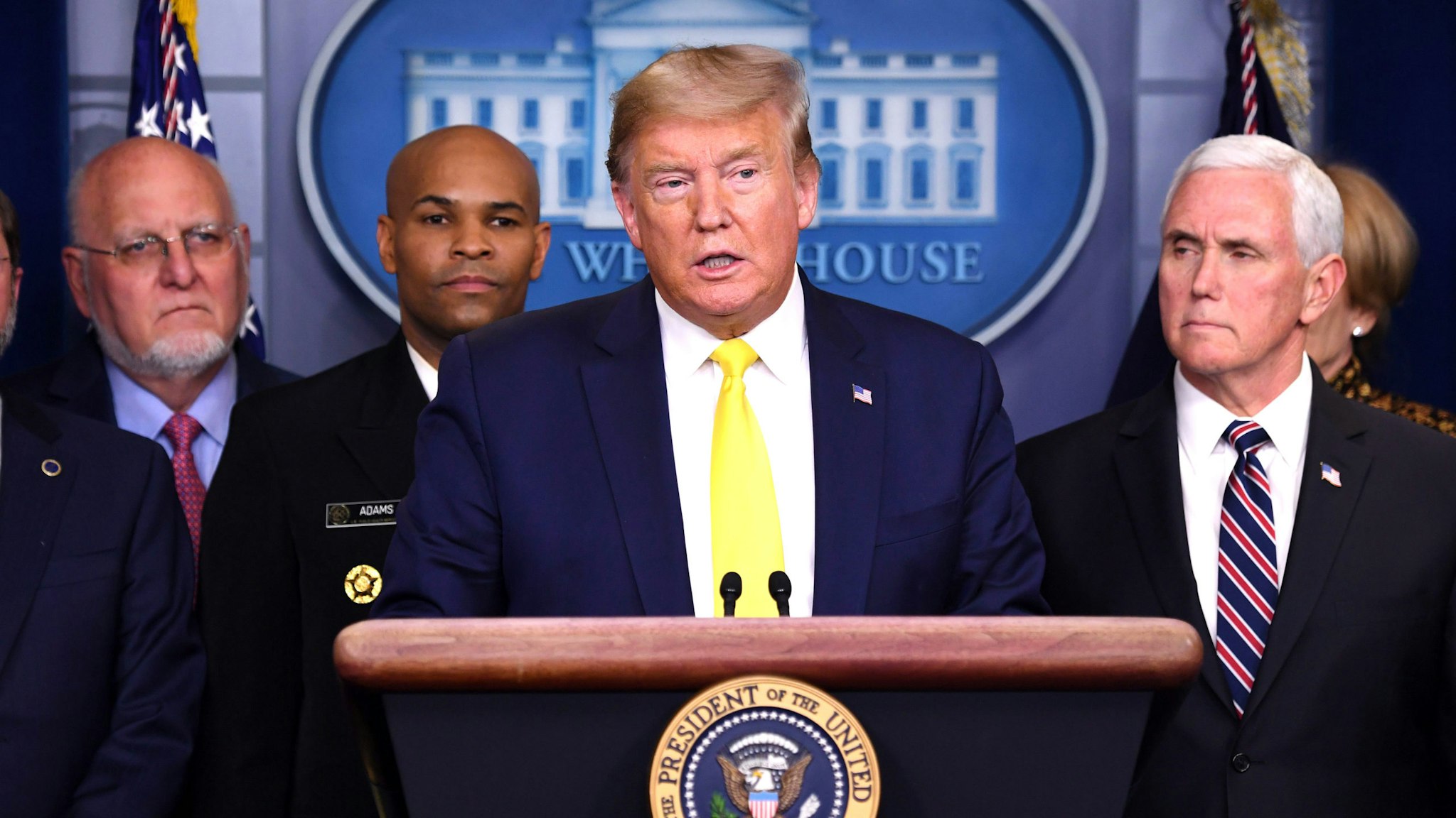 US President Donald Trump speaks about the coronavirus alongside Vice President Mike Pence and members of the Coronavirus Task Force in the Brady Press Briefing Room at the White House in Washington, DC, March 9, 2020.