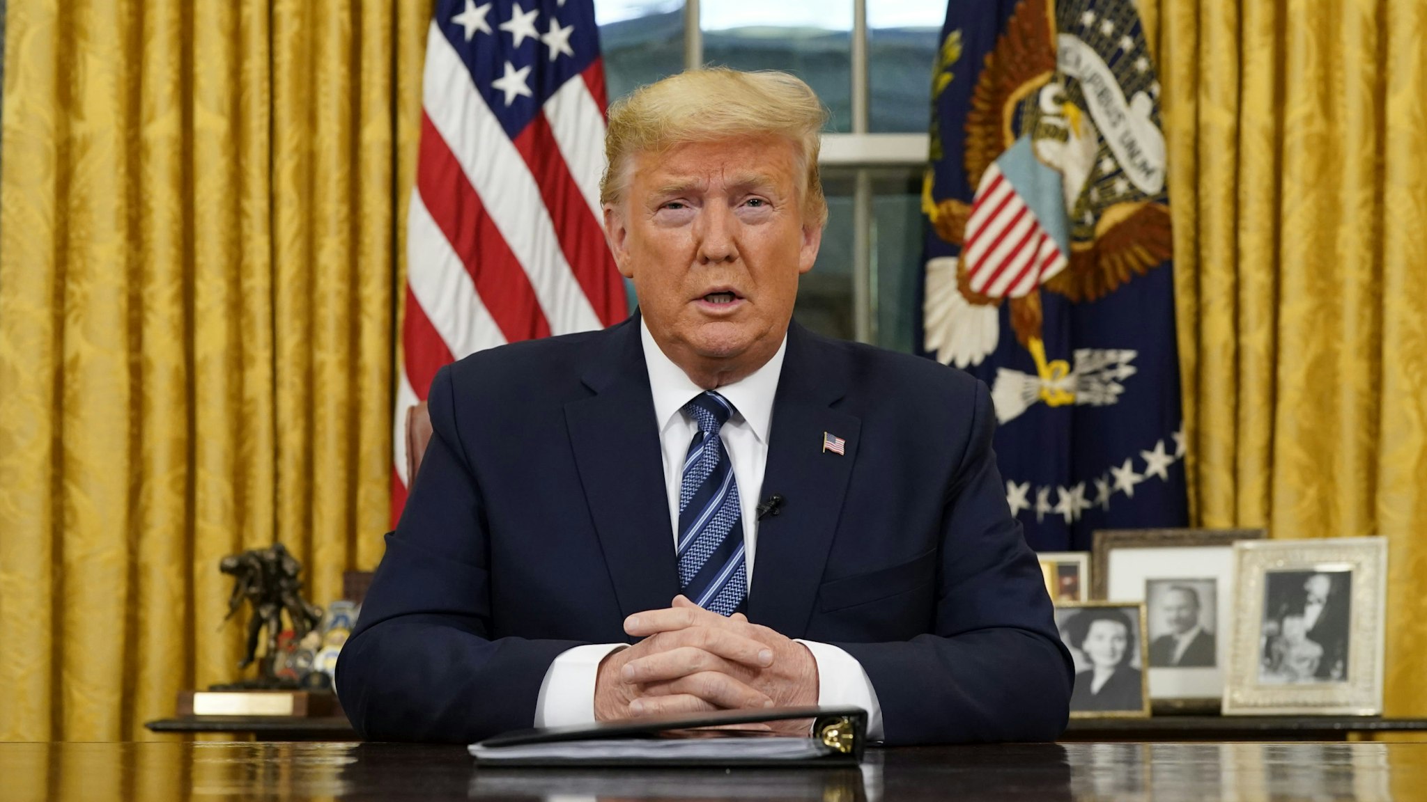 WASHINGTON, DC - MARCH 11: US President Donald Trump addresses the nation from the Oval Office about the widening coronavirus crisis on March 11, 2020. President Trump said the US will suspend all travel from Europe for the next 30 days. Since December 2019, coronavirus (COVID-19) has infected more than 109,000 people and killed more than 3,800 people in 105 countries.