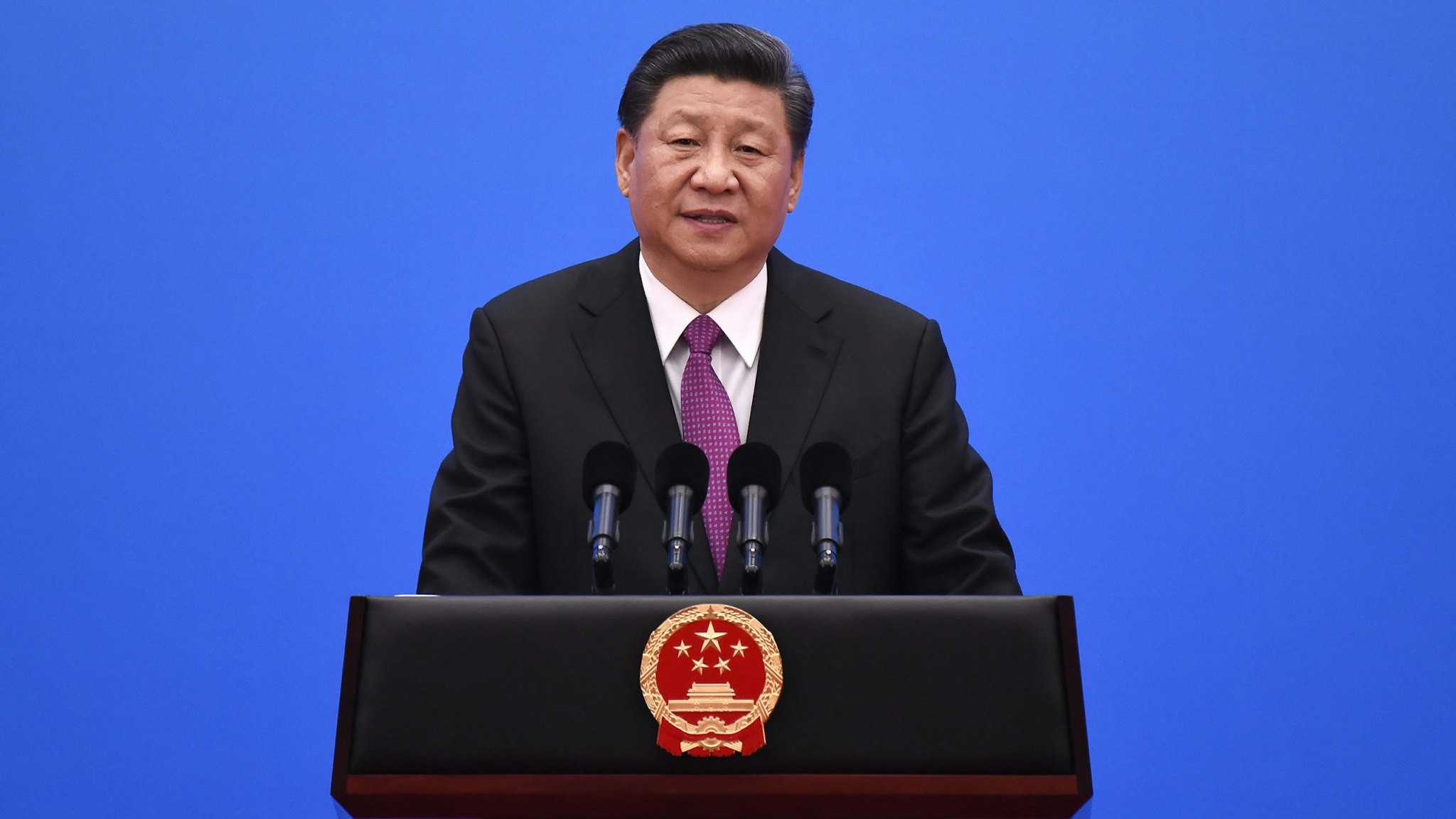 BEIJING, CHINA - APRIL 27: Chinese President Xi Jinping gives a speech at a press conference after the Belt and Road Forum at the China National Convention Center at the Yanqi Lake venue on April 27, 2019 in Beijing, China.