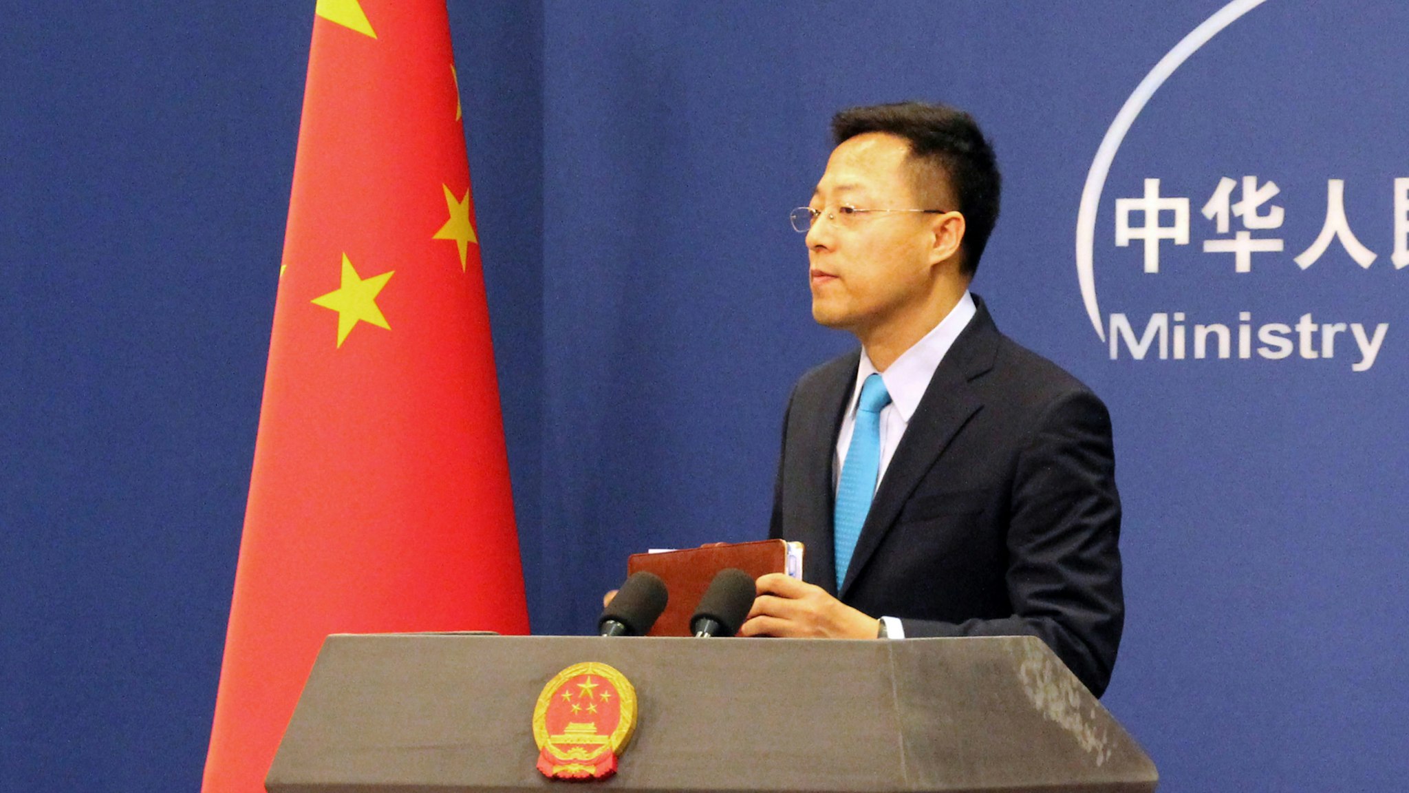 BEIJING, CHINA - FEBRUARY 24, 2020: Chinese Foreign Ministry Spokesman Zhao Lijian during his first regular press briefing at the Chinese Foreign Ministry; on February 3-21, the Ministry's regular briefings were held online amid the COVID-19 coronavirus outbreak.