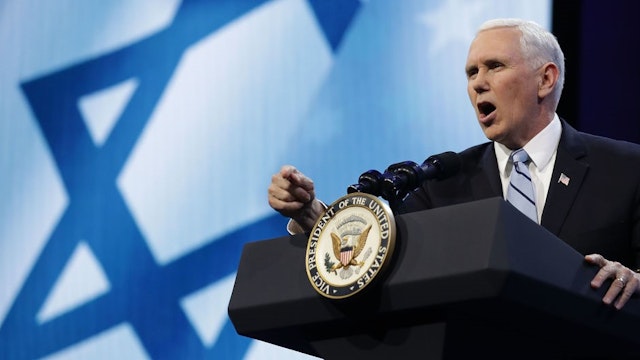 WASHINGTON, DC - MARCH 05: U.S. Vice President Mike Pence address the American Israel Public Affairs Committee's annual policy conference at the Washington Convention Center March 5, 2018 in Washington, DC. With thousands of delegates and attendees, the annual conference is the the largest gathering of the pro-Israel movement in the United States. (Photo by