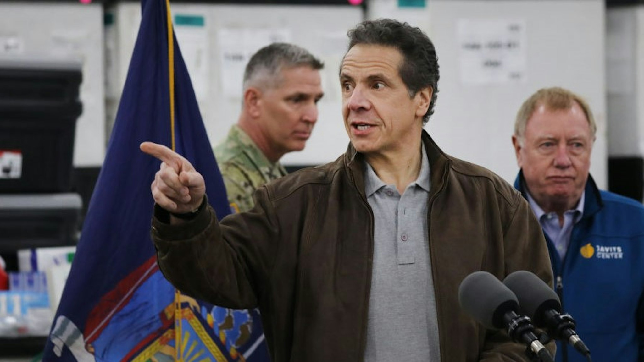 NEW YORK, NEW YORK - MARCH 23: New York Governor Andrew Cuomo speaks to the media and members of the National Guard at the Javits Convention Center which is being turned into a hospital to help fight coronavirus cases on March 23, 2020 in New York City. The plan is part of his New York state request for assistance to the federal government for four field hospital sites and aid from the U.S. Army Corps of Engineers. New York has been one of the hardest hit states in the nation with over 10,000 cases of COVID-19. (Photo by