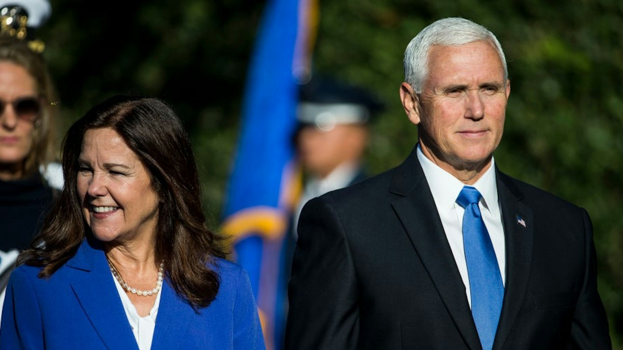 WASHINGTON, DC - SEPTEMBER 20: U.S. Second Lady Karen Pence and Vice President Mike Pence attend an official visit ceremony welcoming Australian Prime Minister Scott Morrison and Australian first lady Jennifer Morrison at the South Lawn at the White House September 20, 2019 in Washington, DC. Prime Minister Morrison will participate in an Oval Office meeting, a joint news conference, and a state dinner during his state visit in Washington. (Photo by