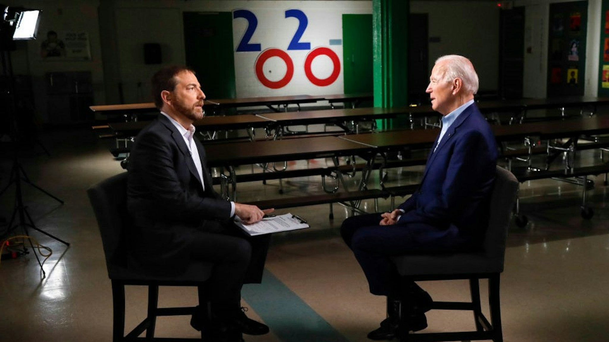 MEET THE PRESS -- Pictured: (l-r) Moderator Chuck Todd and FMR VP. Joe Biden (D) appear in a pre-taped interview on ?Meet the Press" at O Knudson Middle School in Las Vegas, NV on Saturday, Feb. 15, 2020 - (Photo by: