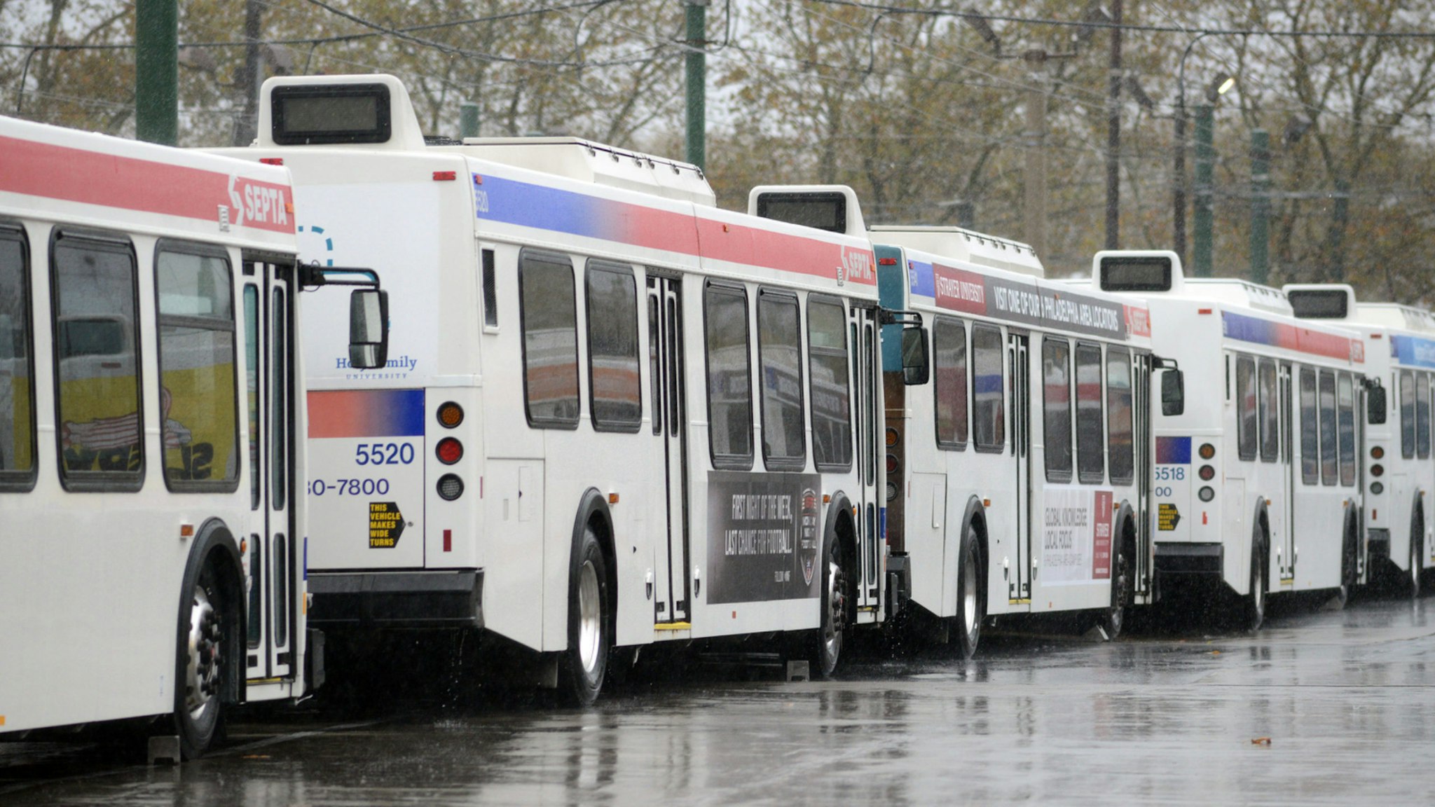 SEPTA (Southeastern Pennsylvania Transit Authority) buses at Frankford terminal remain idle as Hurricane Sandy approaches October 29, 2012 in Philadelphia, Pennsylvania.