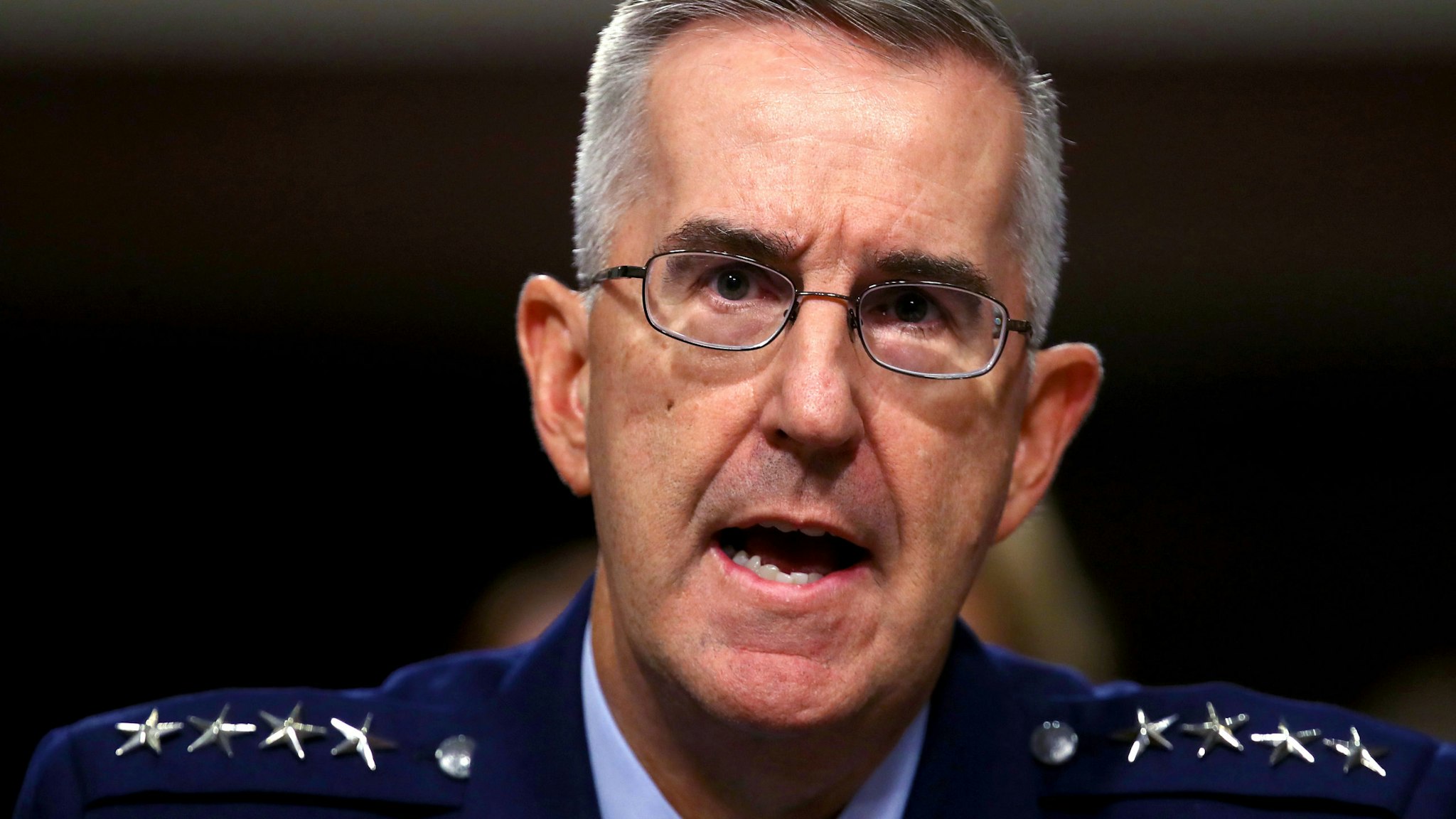WASHINGTON, DC - JULY 30: U.S. Air Force Gen. John E. Hyten testifies before the Senate Armed Services Committee on his appointment as the next Vice Chairman Of The Joint Chiefs Of Staff July 30, 2019 in Washington, DC. During the hearing, Hyten was questioned on allegations of sexual assault from a former aide, Col. Kathryn Spletstoser, in a California hotel room in December 2017.