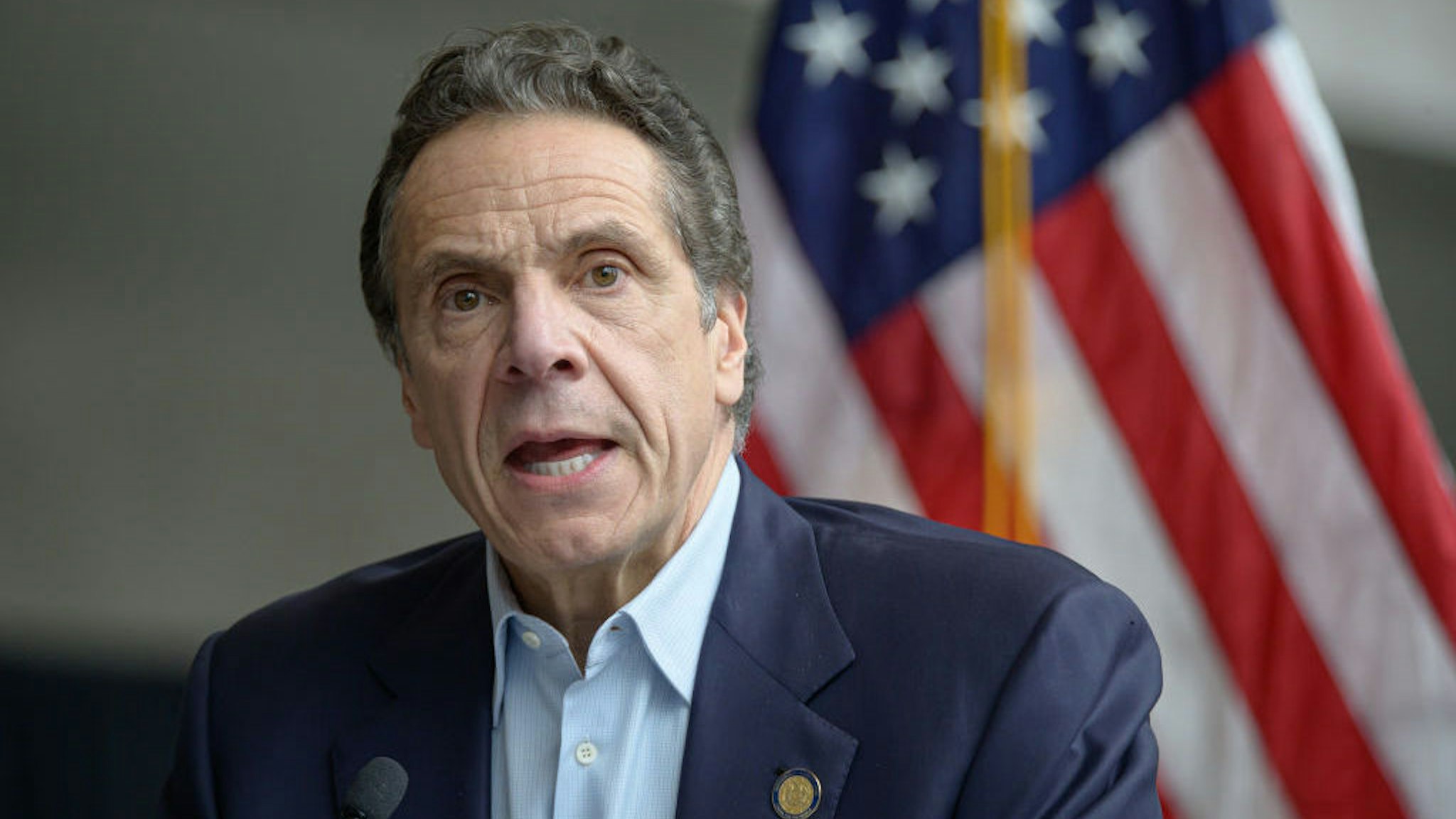 Following the arrival in New York City of the U.S. Naval hospital ship Comfort, NY State Governor Andrew Cuomo is seen during a press conference at the field hospital site at the Javits Center. (Photo by Albin Lohr-Jones/Pacific Press/LightRocket via Getty Images)